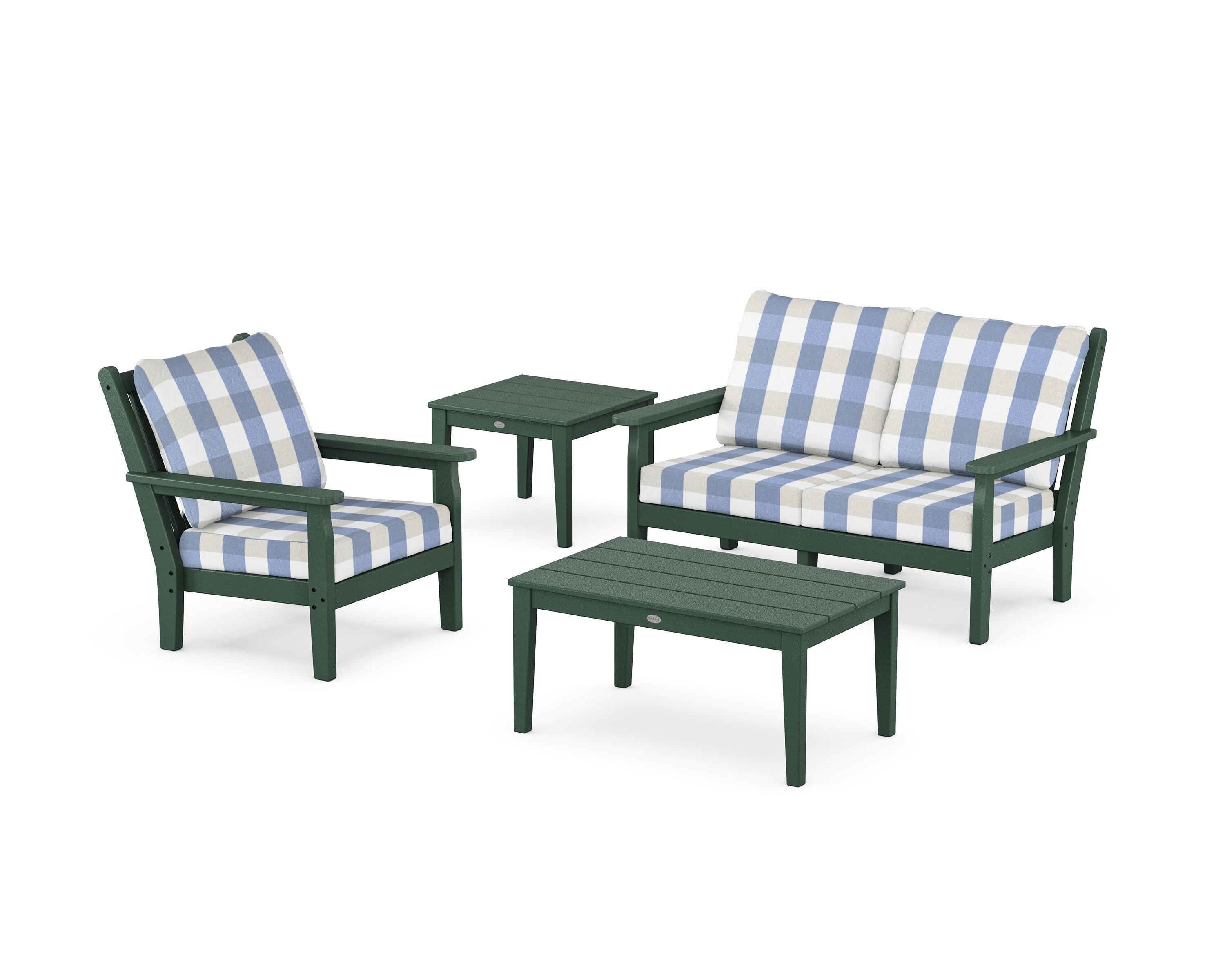 POLYWOOD® Chippendale 4-Piece Deep Seating Set in Green / Buffalo Plaid Sky Blue