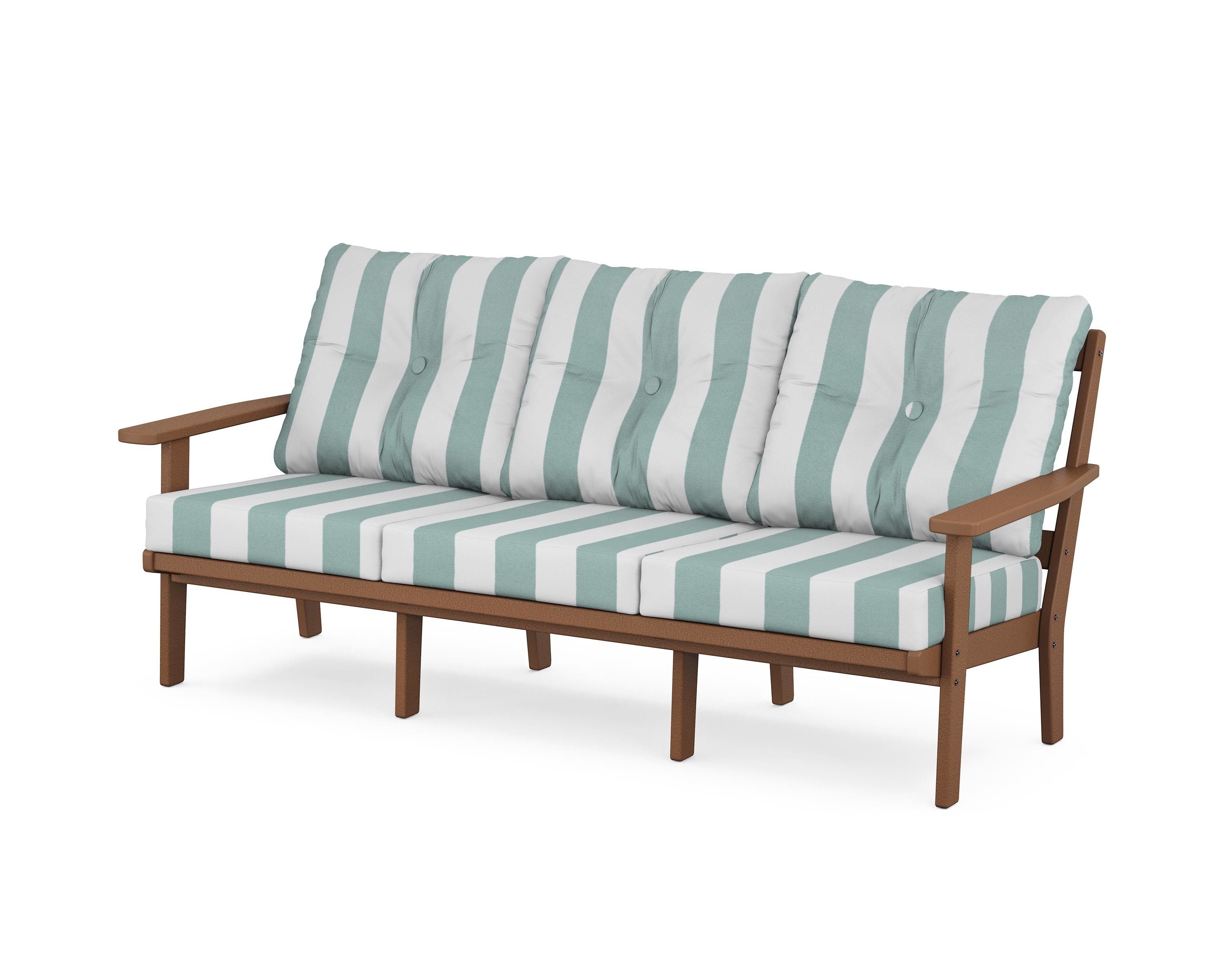 POLYWOOD® Oxford Deep Seating Sofa in Teak / Cabana Stripe Glacier Spa