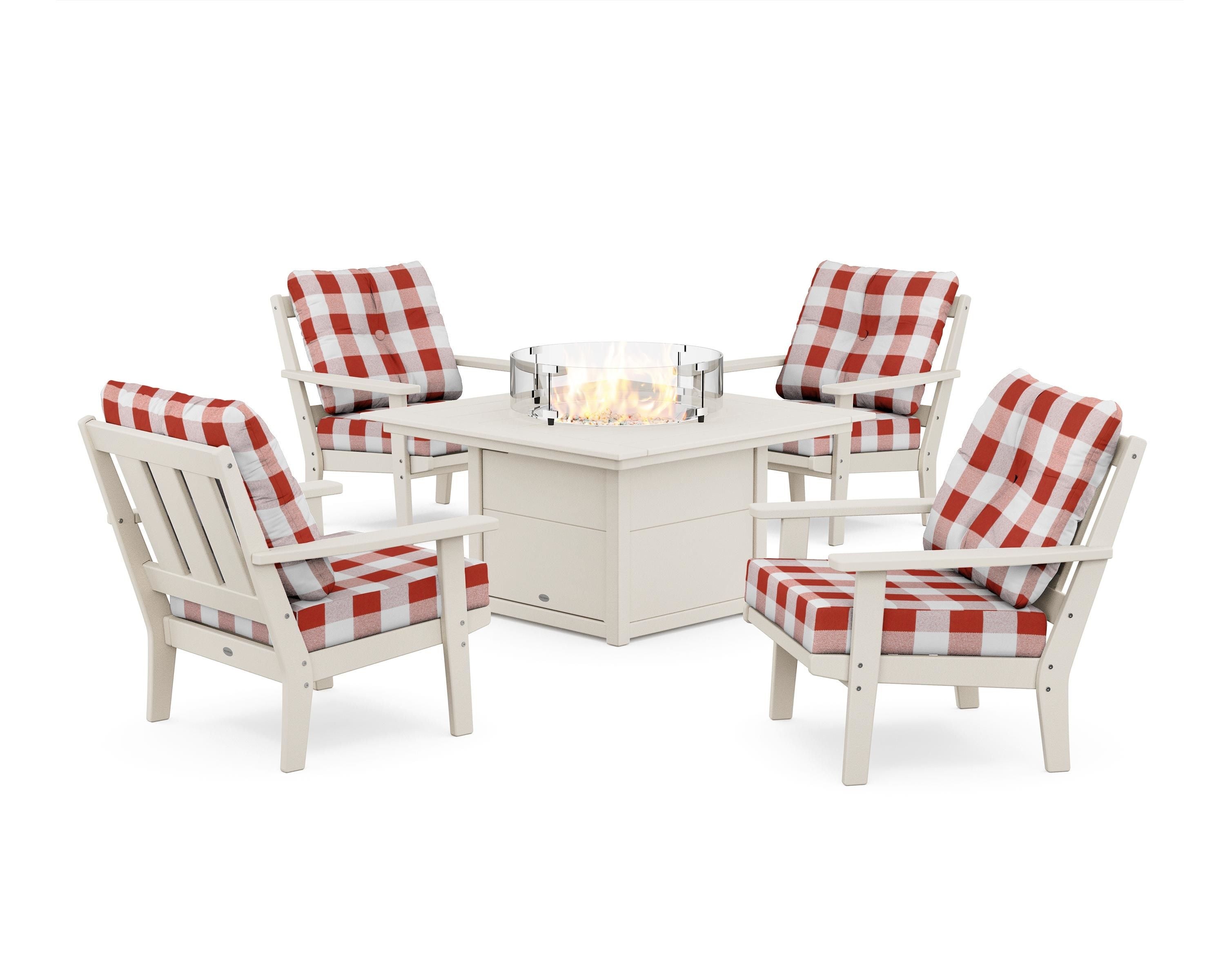 POLYWOOD® Oxford 5-Piece Deep Seating Set with Fire Pit Table in Sand / Buffalo Plaid Crimson