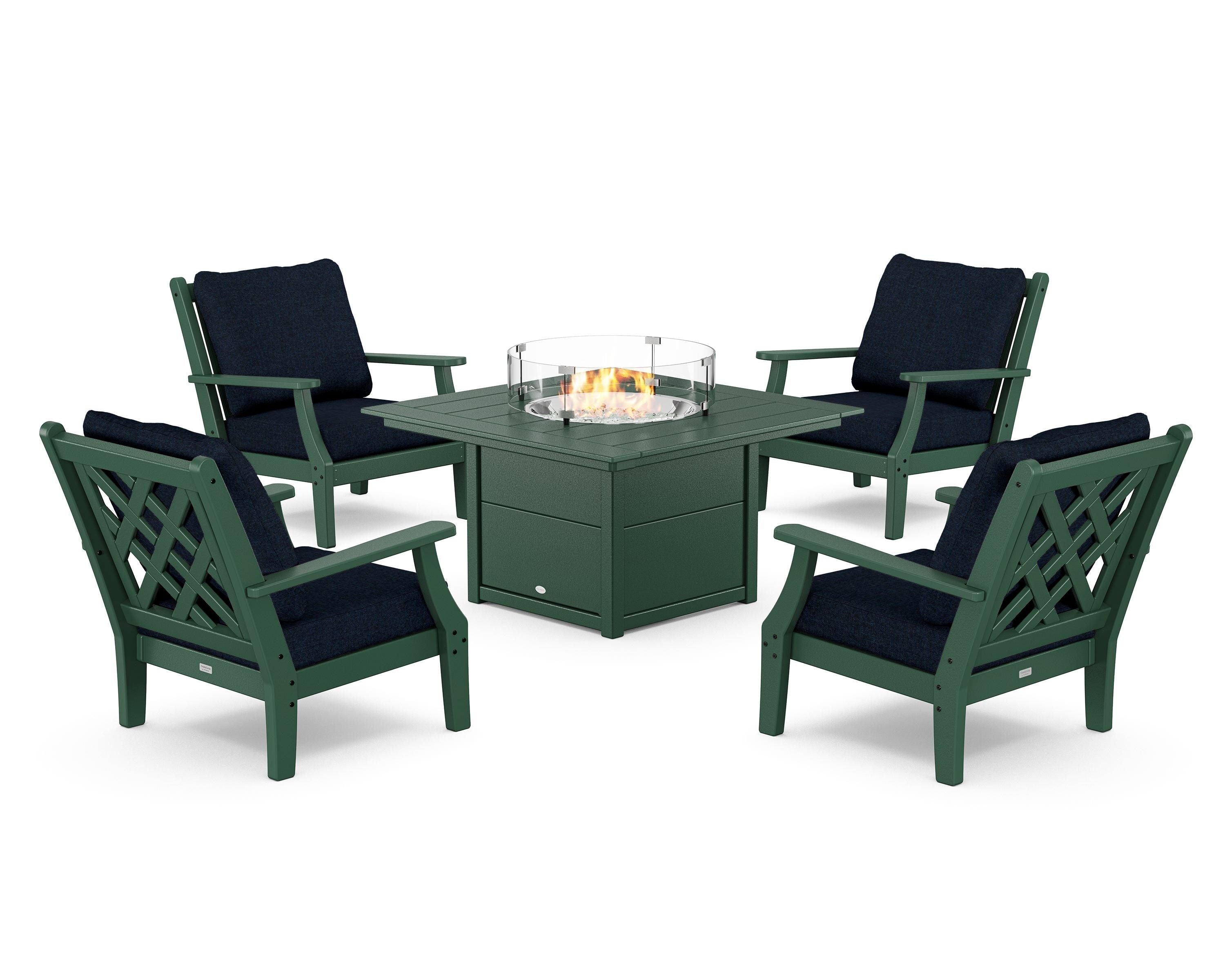 Country Living Wovendale 5-Piece Deep Seating Set with Fire Pit Table in Green / Marine Indigo