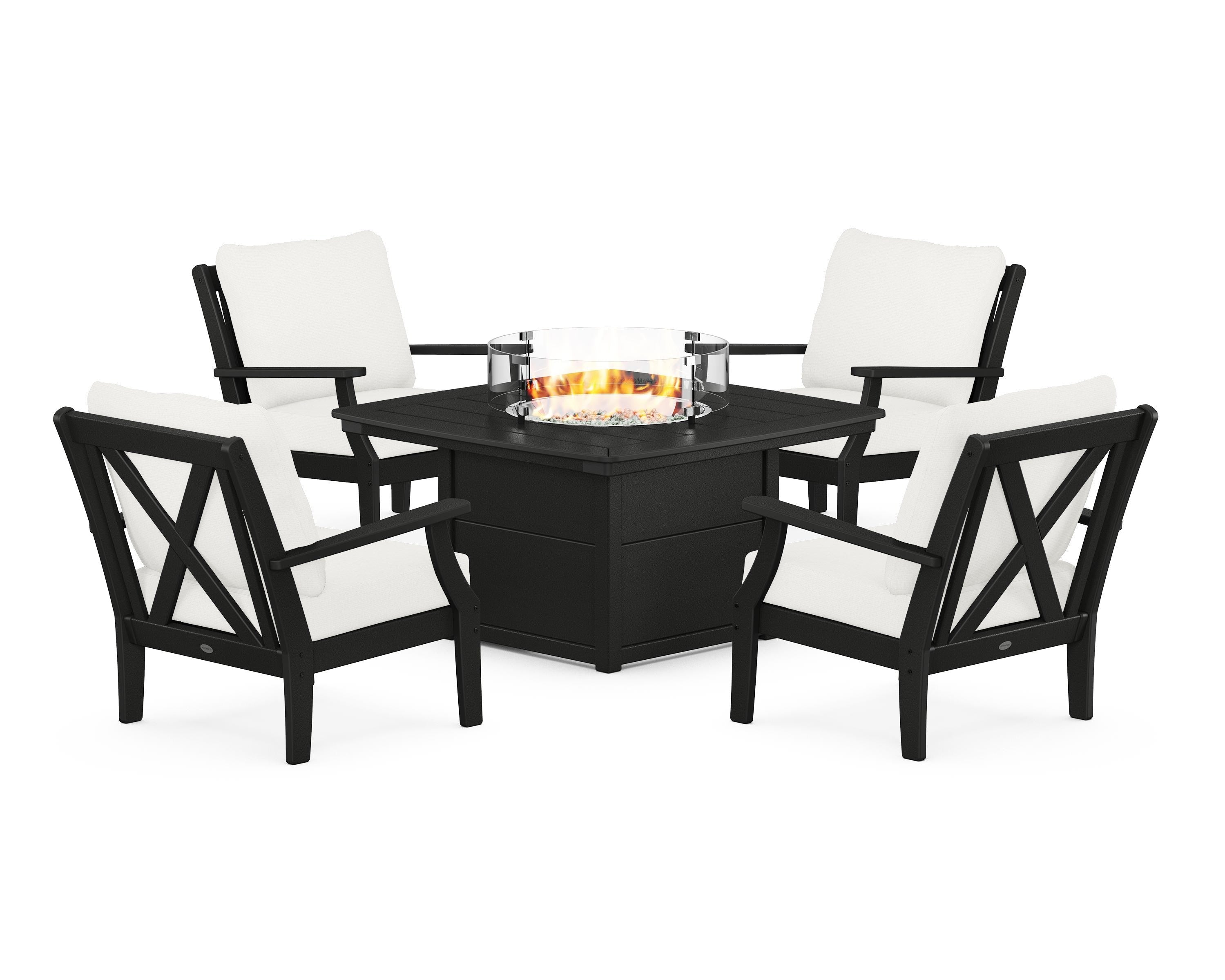 POLYWOOD® Braxton 5-Piece Deep Seating Conversation Set with Fire Pit Table in Black / Natural Linen