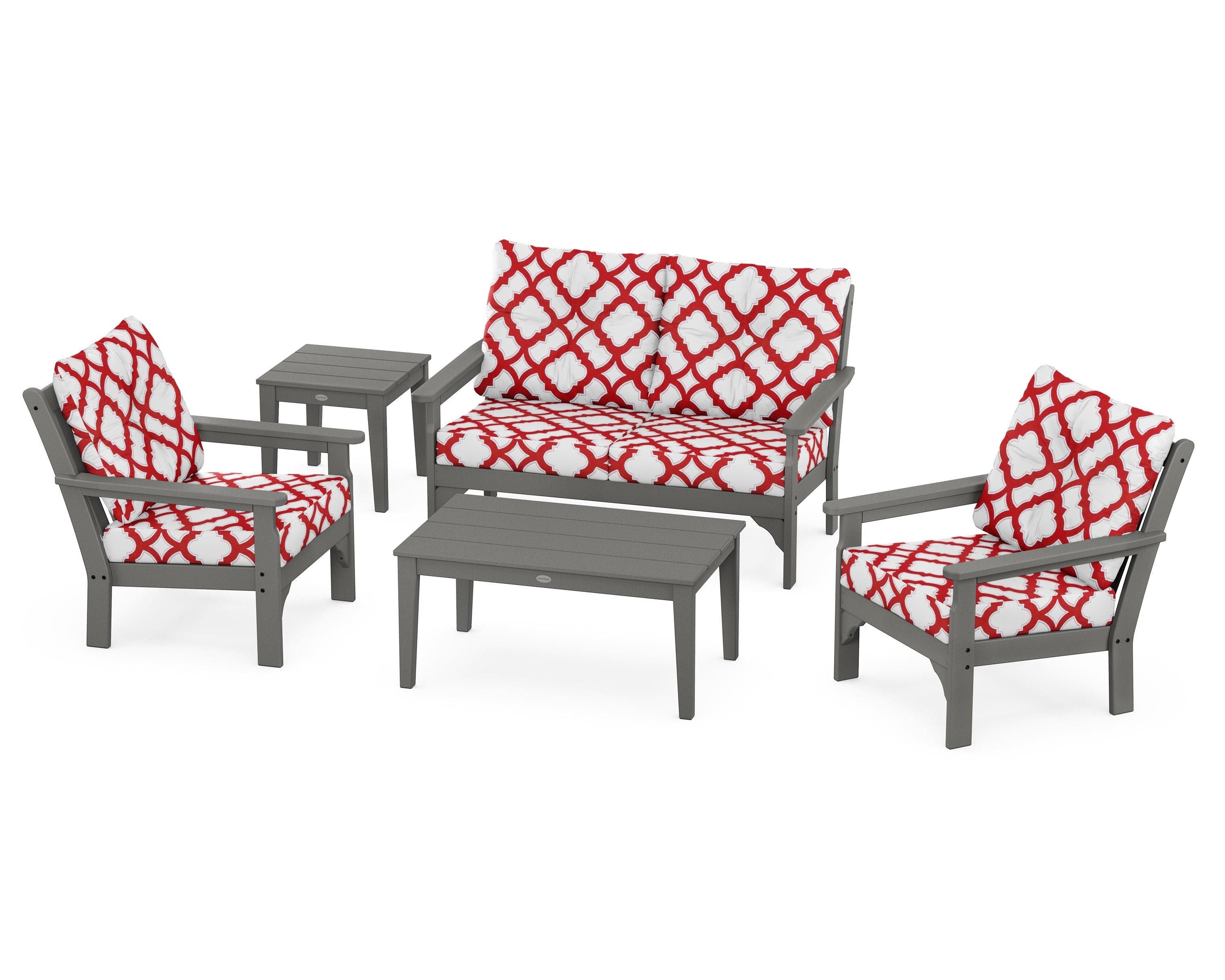 POLYWOOD® Vineyard 5-Piece Deep Seating Set in Slate Grey / Trellis Crimson