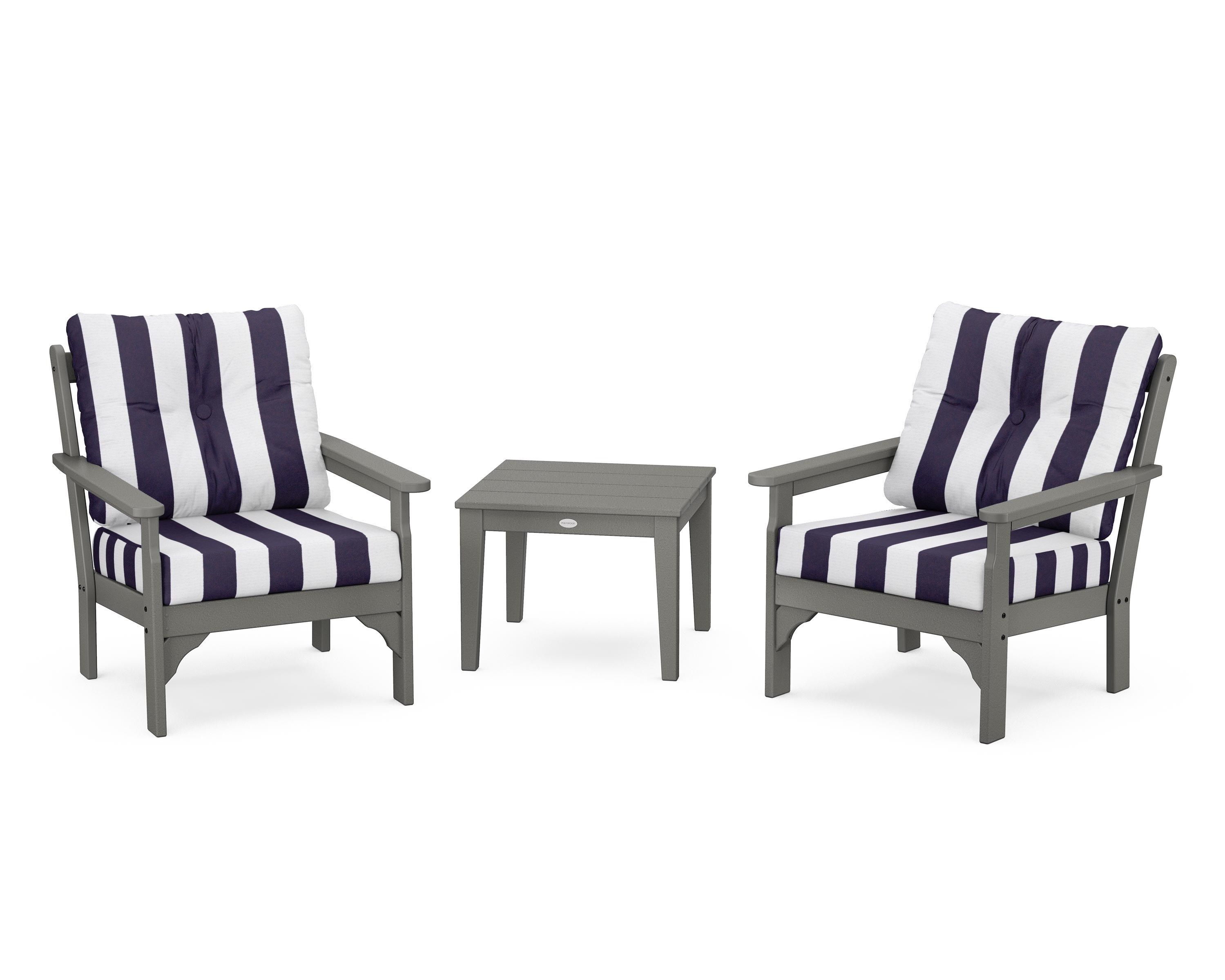 POLYWOOD® Vineyard 3-Piece Deep Seating Set in Slate Grey / Cabana Stripe Navy
