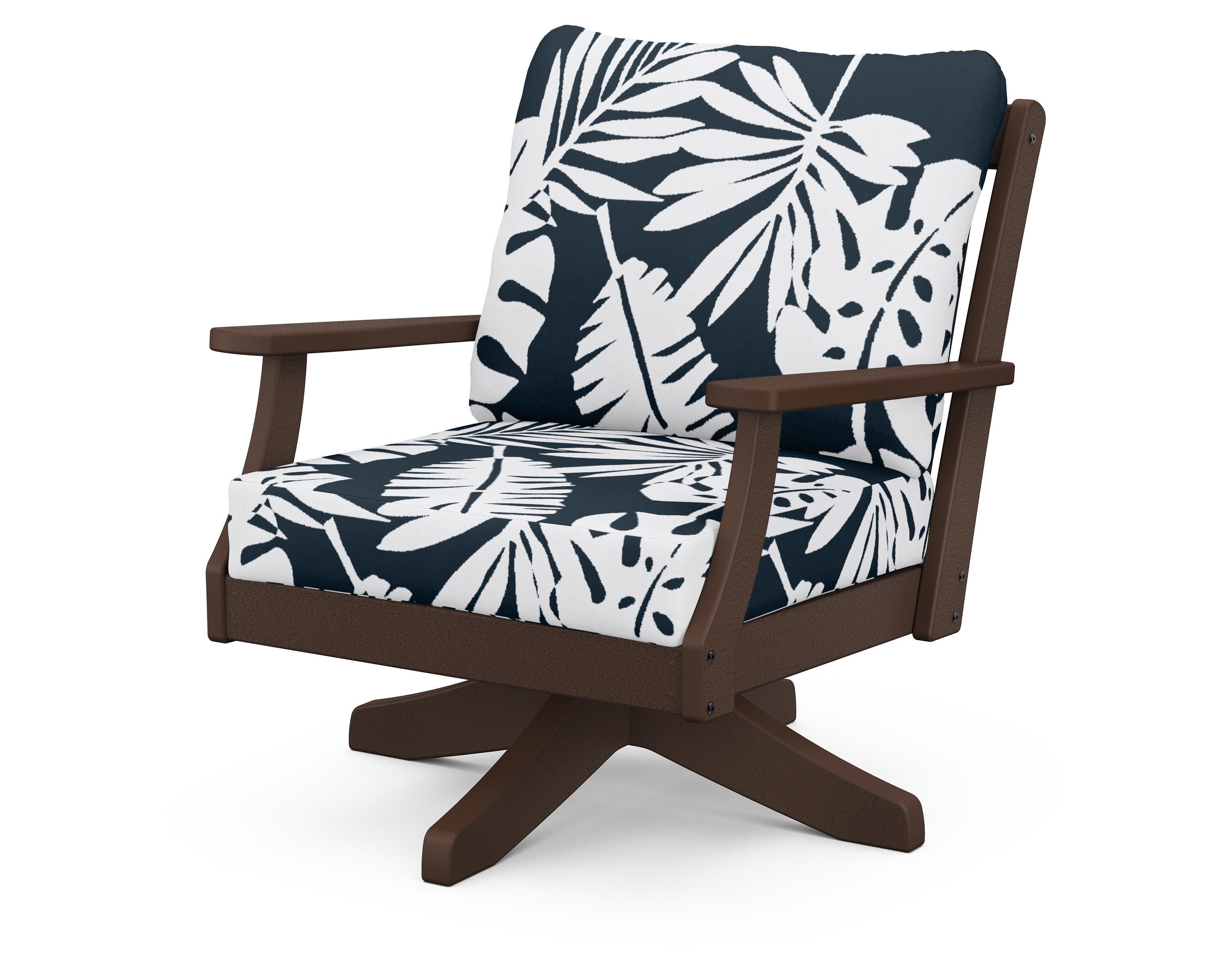 POLYWOOD® Braxton Deep Seating Swivel Chair in Mahogany / Leaf Marine Indigo