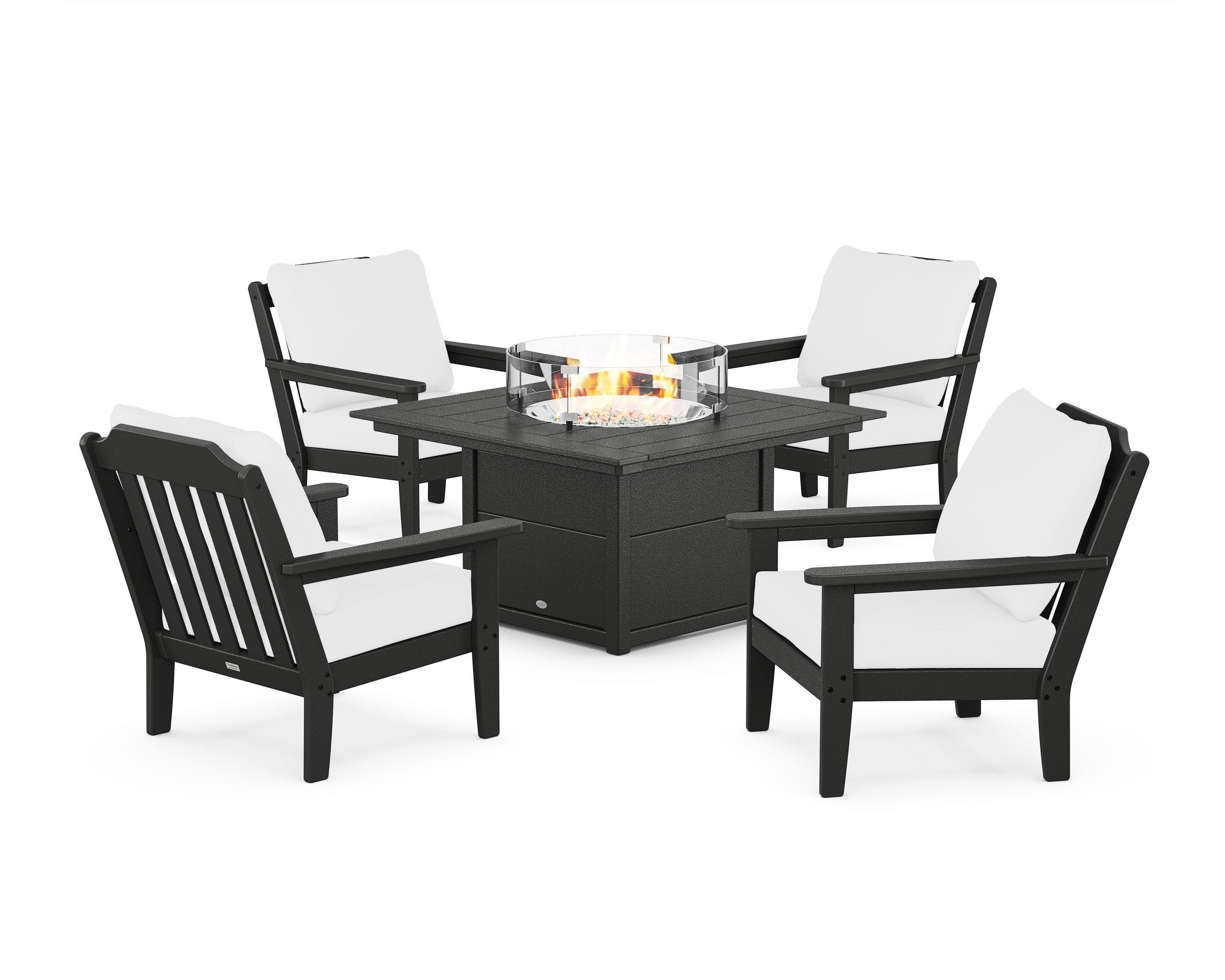 Country Living Cottage 5-Piece Deep Seating Set with Fire Pit Table in Black / Natural