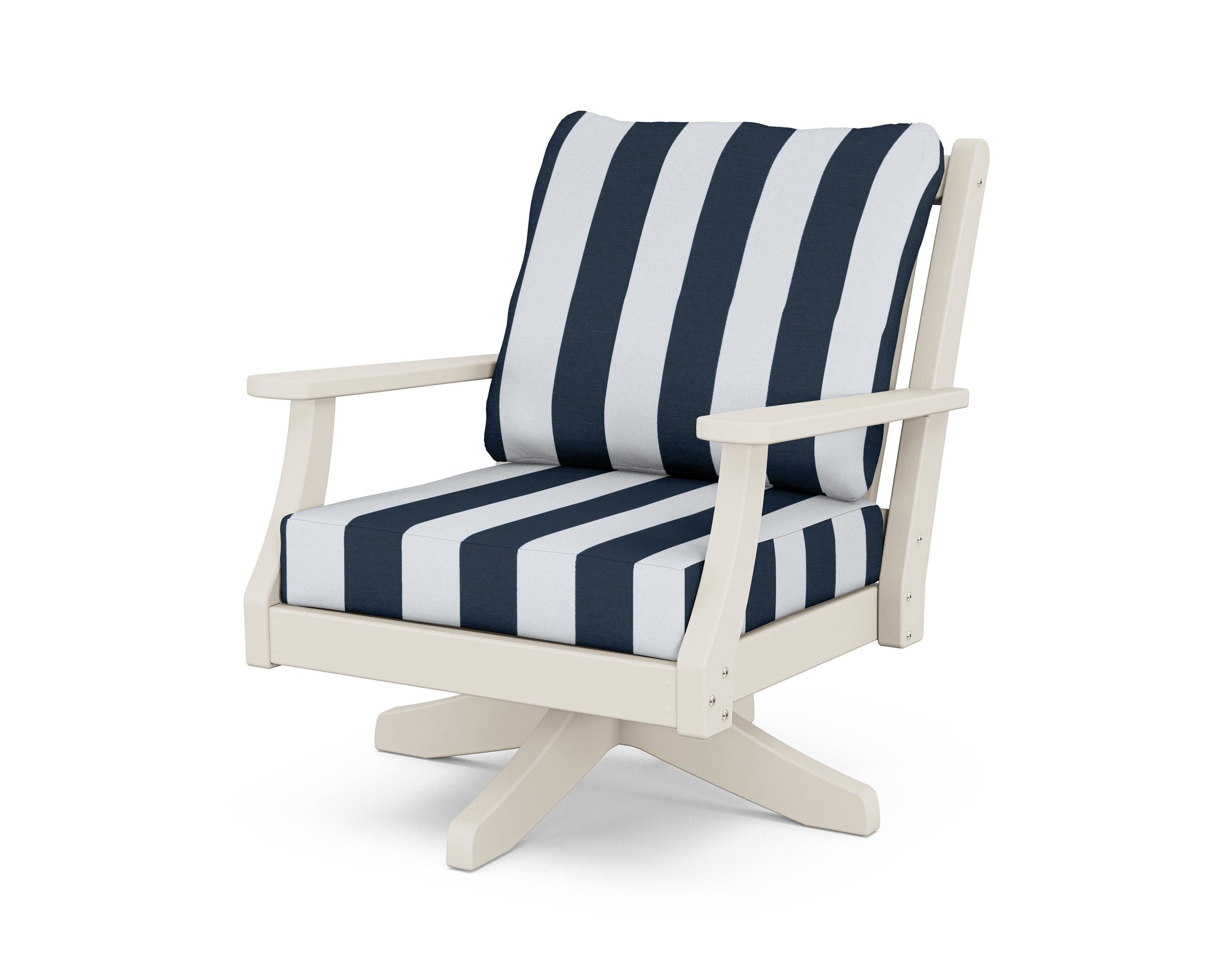 Country Living Wovendale Deep Seating Swivel Chair in Sand / Cabana Stripe Marine Indigo