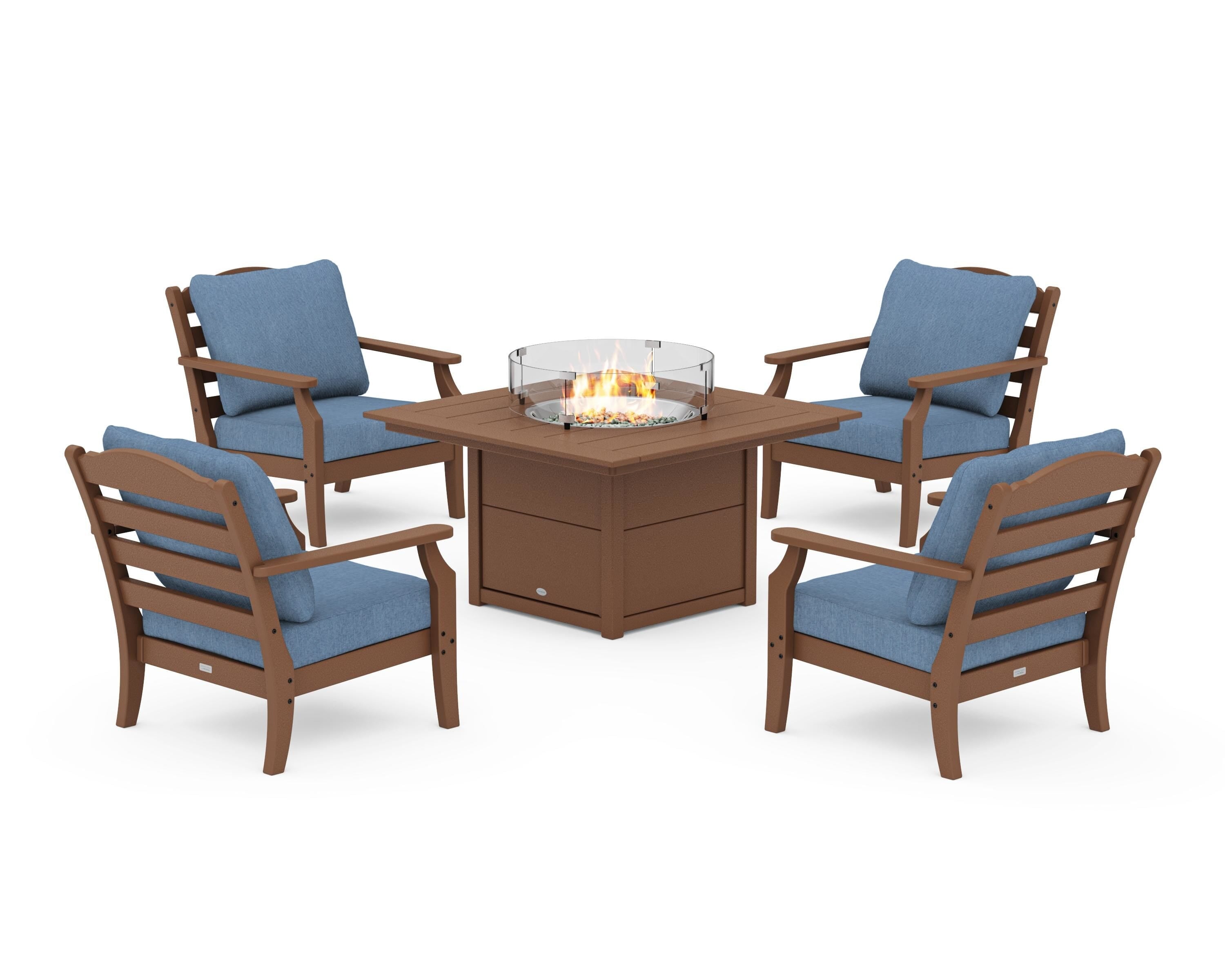 Draper James™ by POLYWOOD® Savannah 5-Piece Deep Seating Set with Fire Pit Table in Teak / Sky Blue