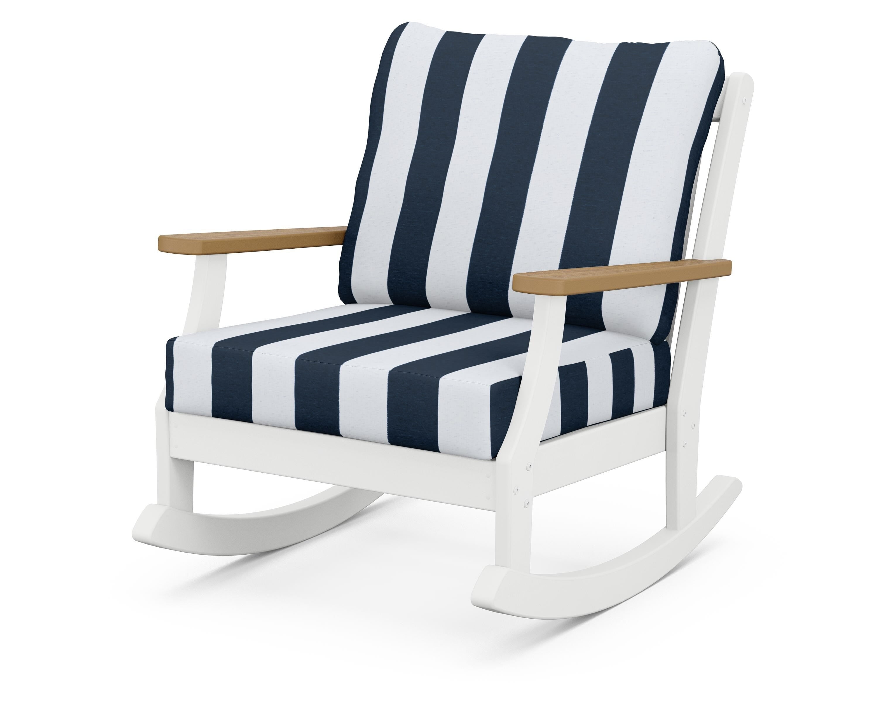 POLYWOOD® Braxton Deep Seating Rocking Chair in White / Natural / Cabana Stripe Marine Indigo