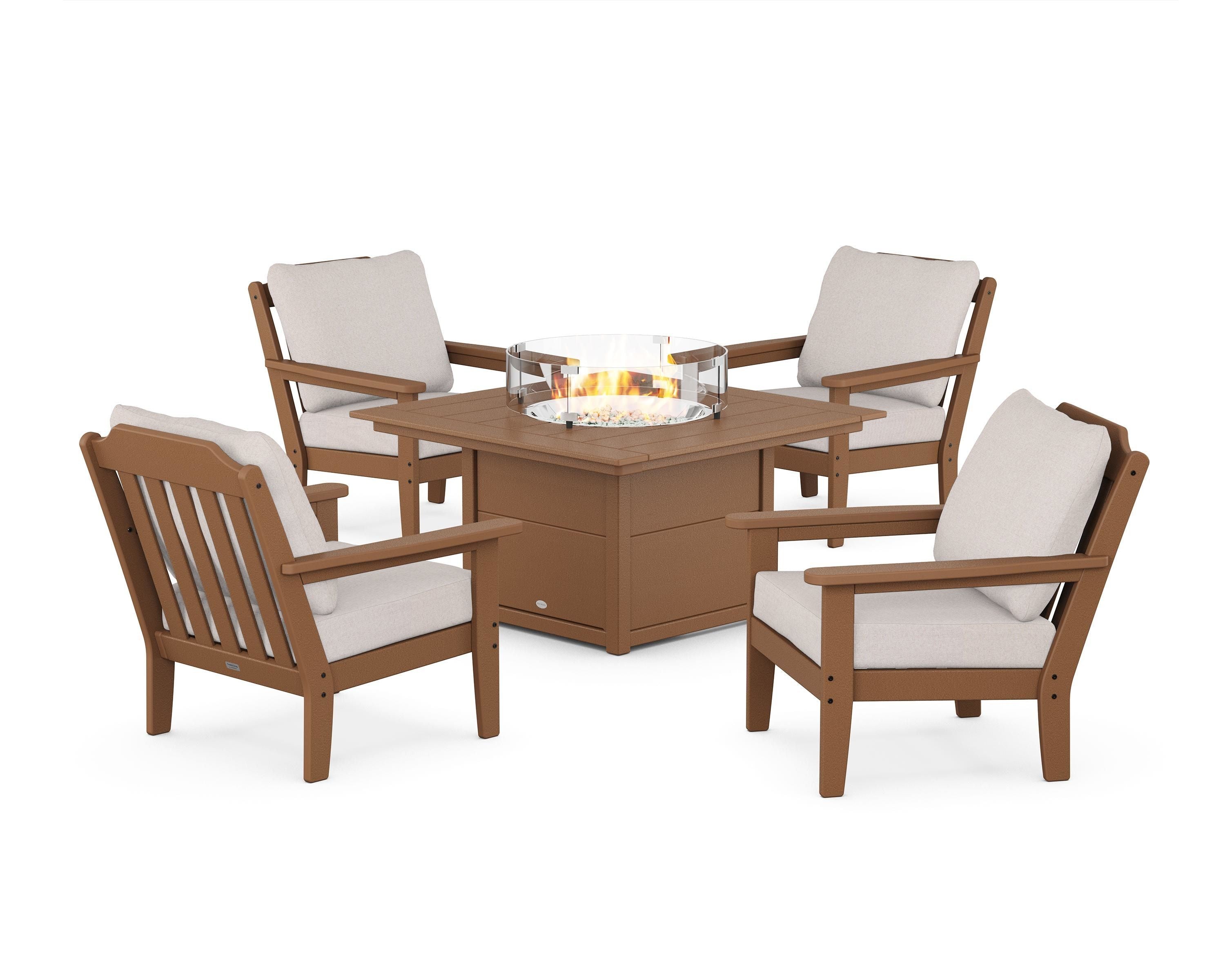 Country Living Cottage 5-Piece Deep Seating Set with Fire Pit Table in Teak / Dune Burlap