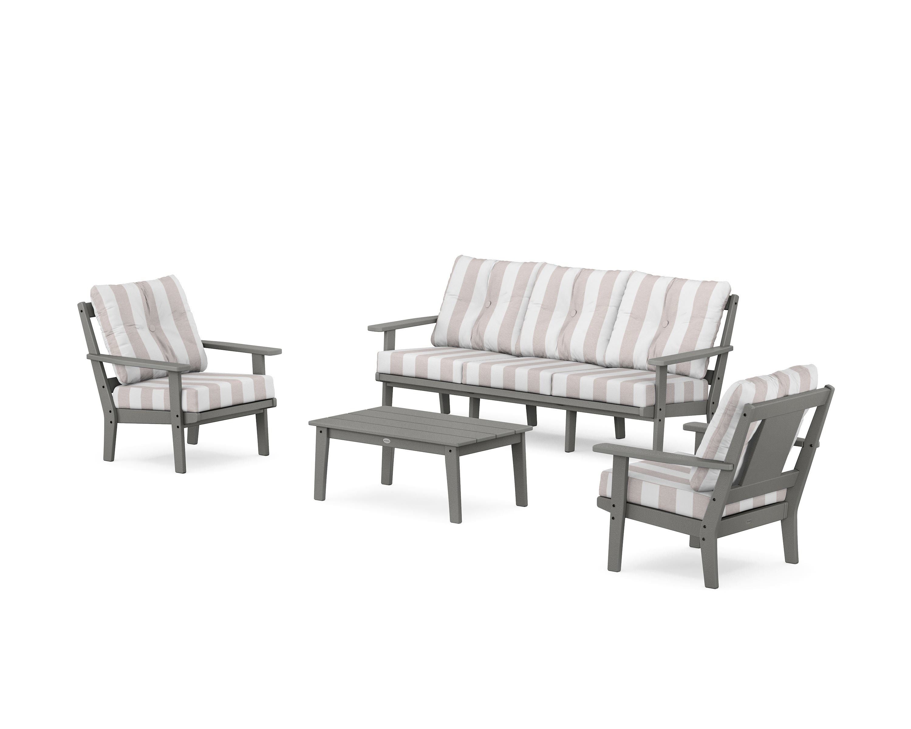POLYWOOD® Prairie 4-Piece Deep Seating Set with Sofa in Slate Grey / Cabana Stripe Dune Burlap