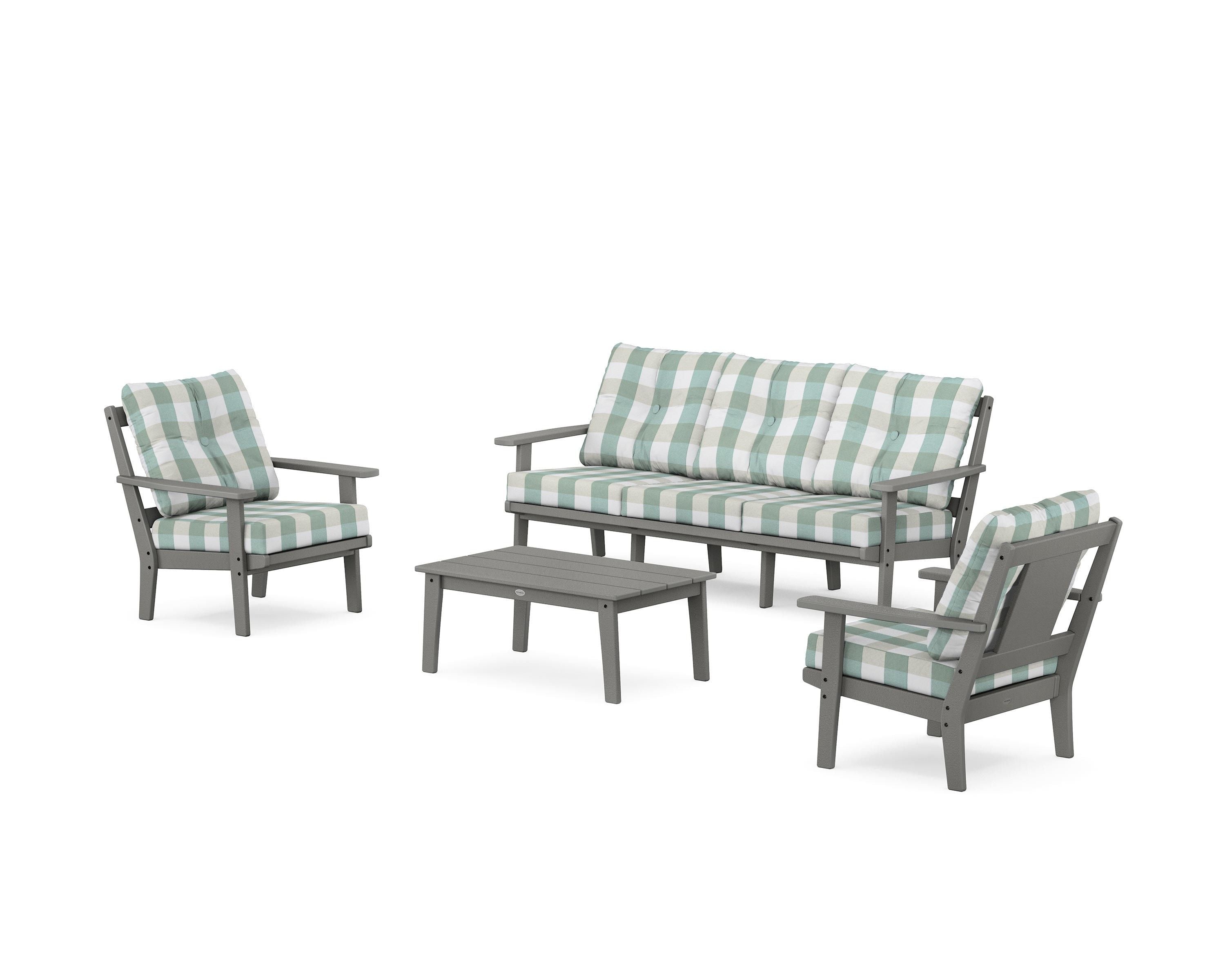 POLYWOOD® Prairie 4-Piece Deep Seating Set with Sofa in Slate Grey / Buffalo Plaid Glacier Spa