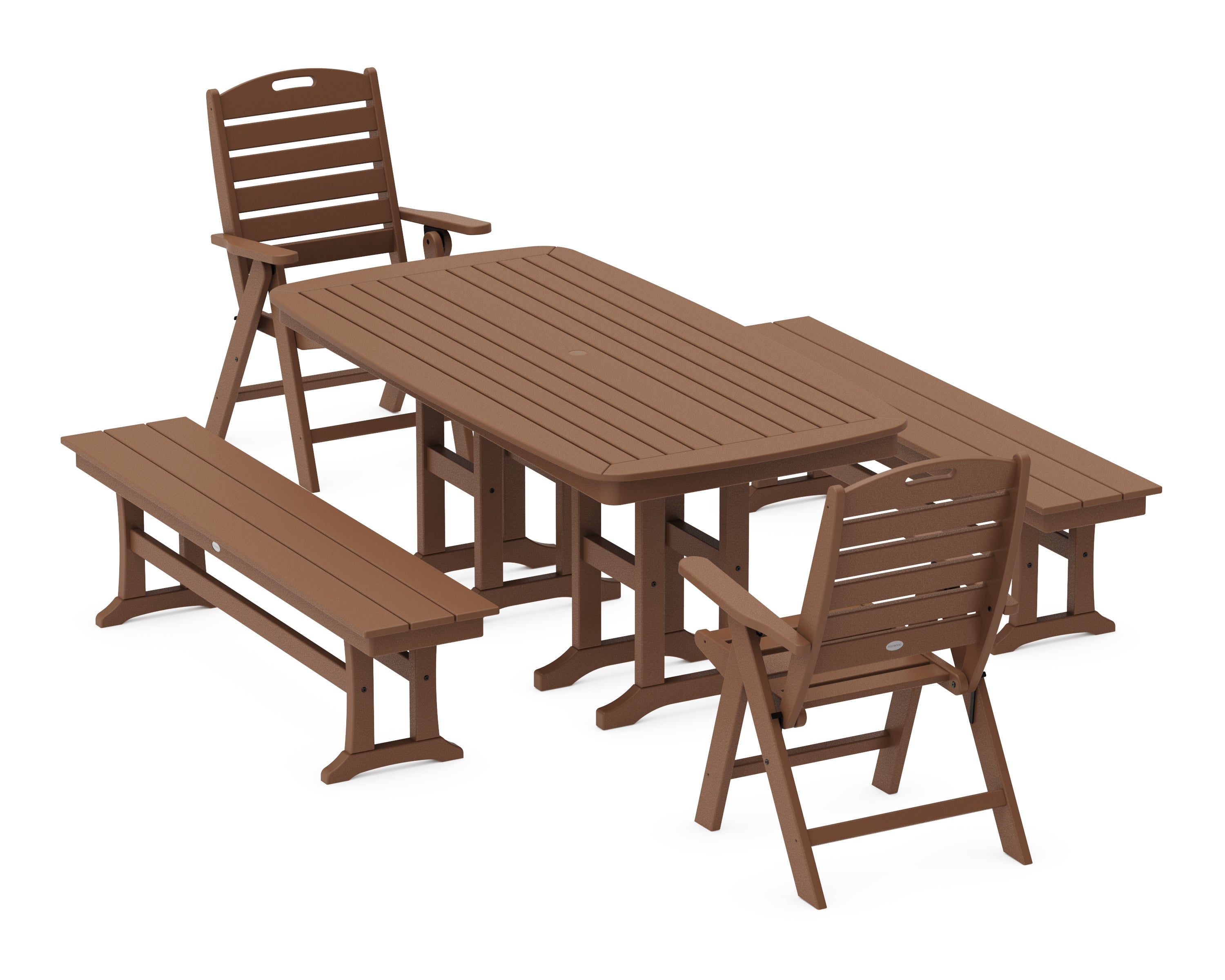 POLYWOOD® Nautical Highback 5-Piece Dining Set with Benches in Teak
