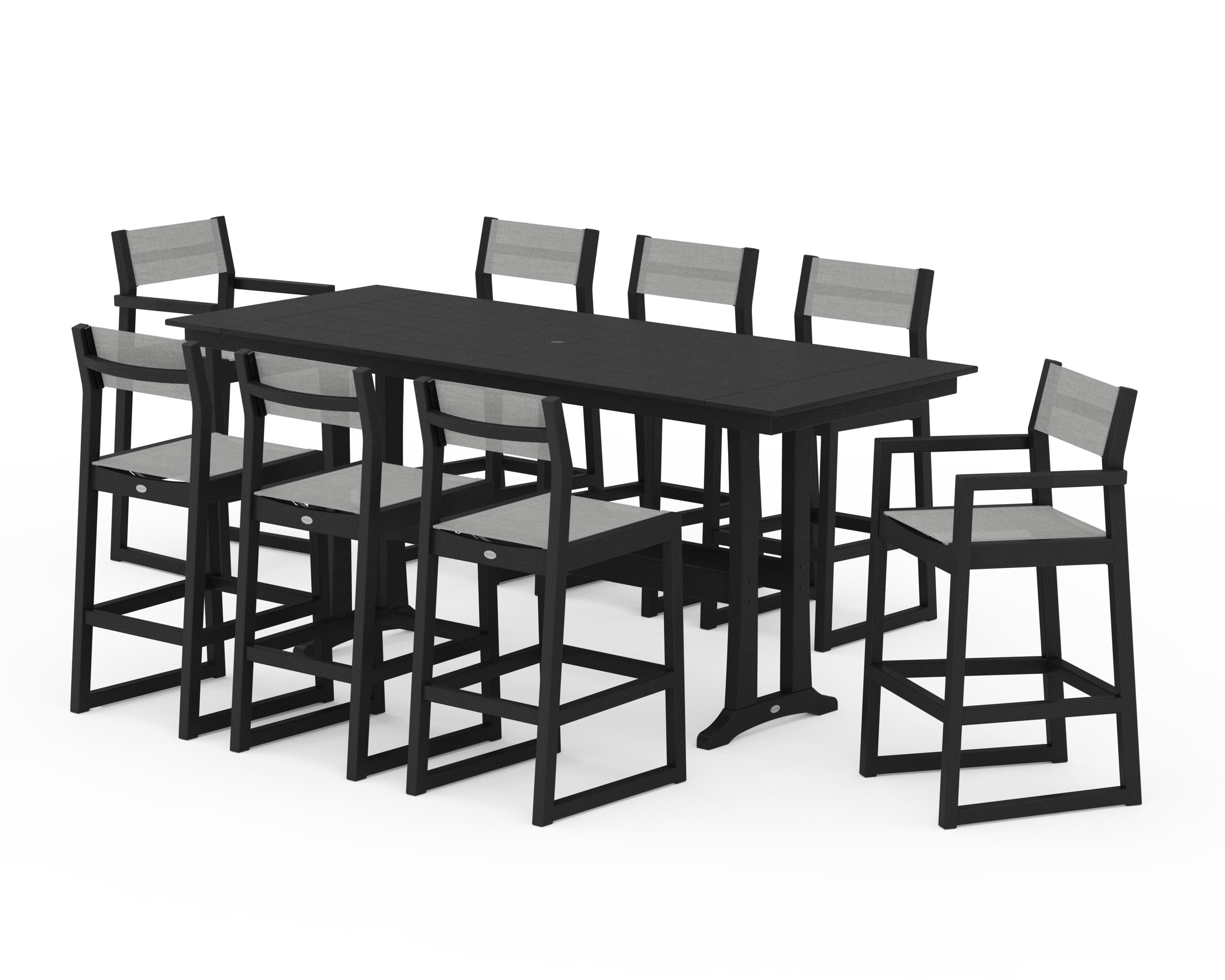 POLYWOOD® EDGE Sling 9-Piece Farmhouse Bar Set with Trestle Legs in Black / Metallic Sling