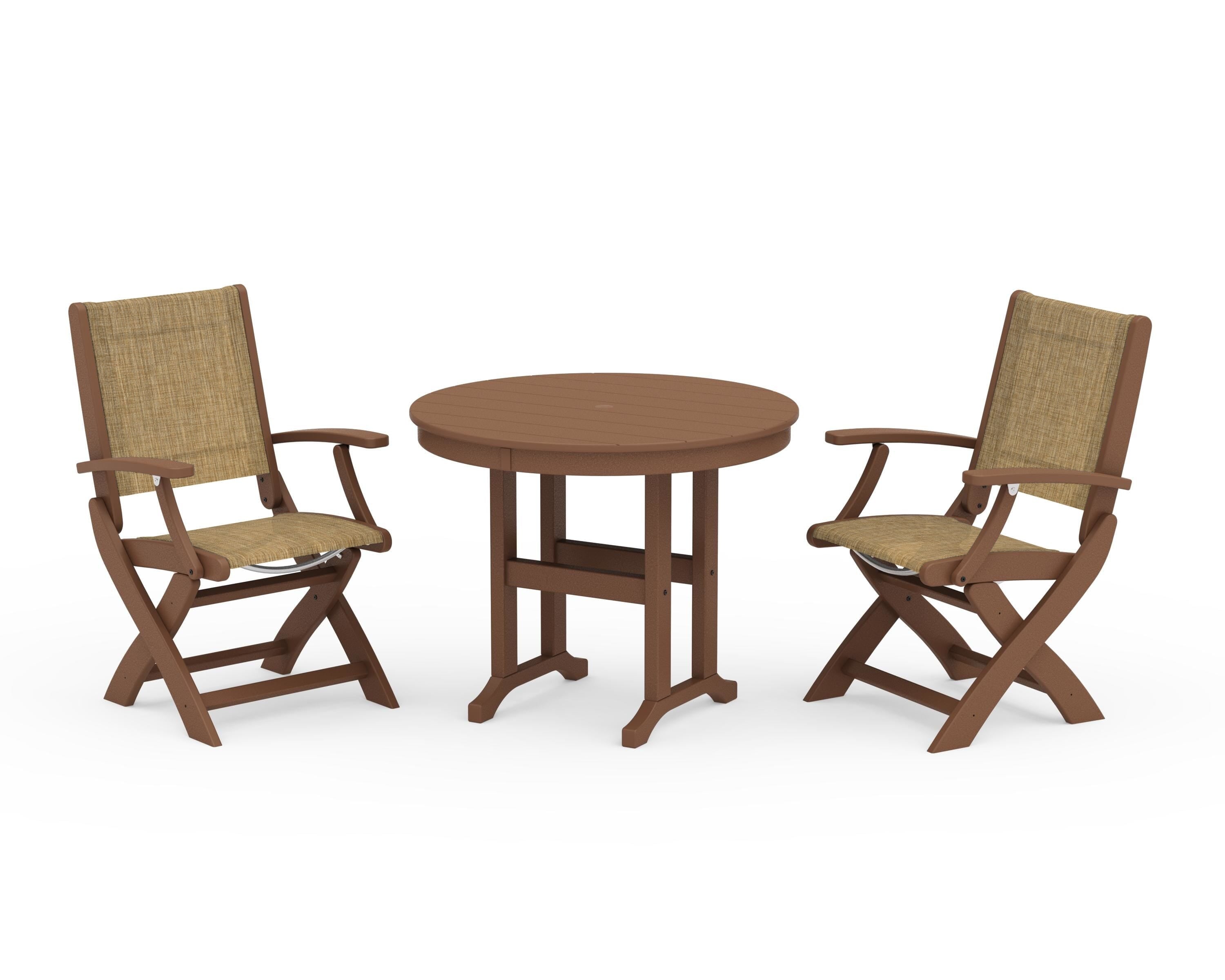 POLYWOOD® Coastal Folding Chair 3-Piece Round Dining Set in Teak / Burlap Sling