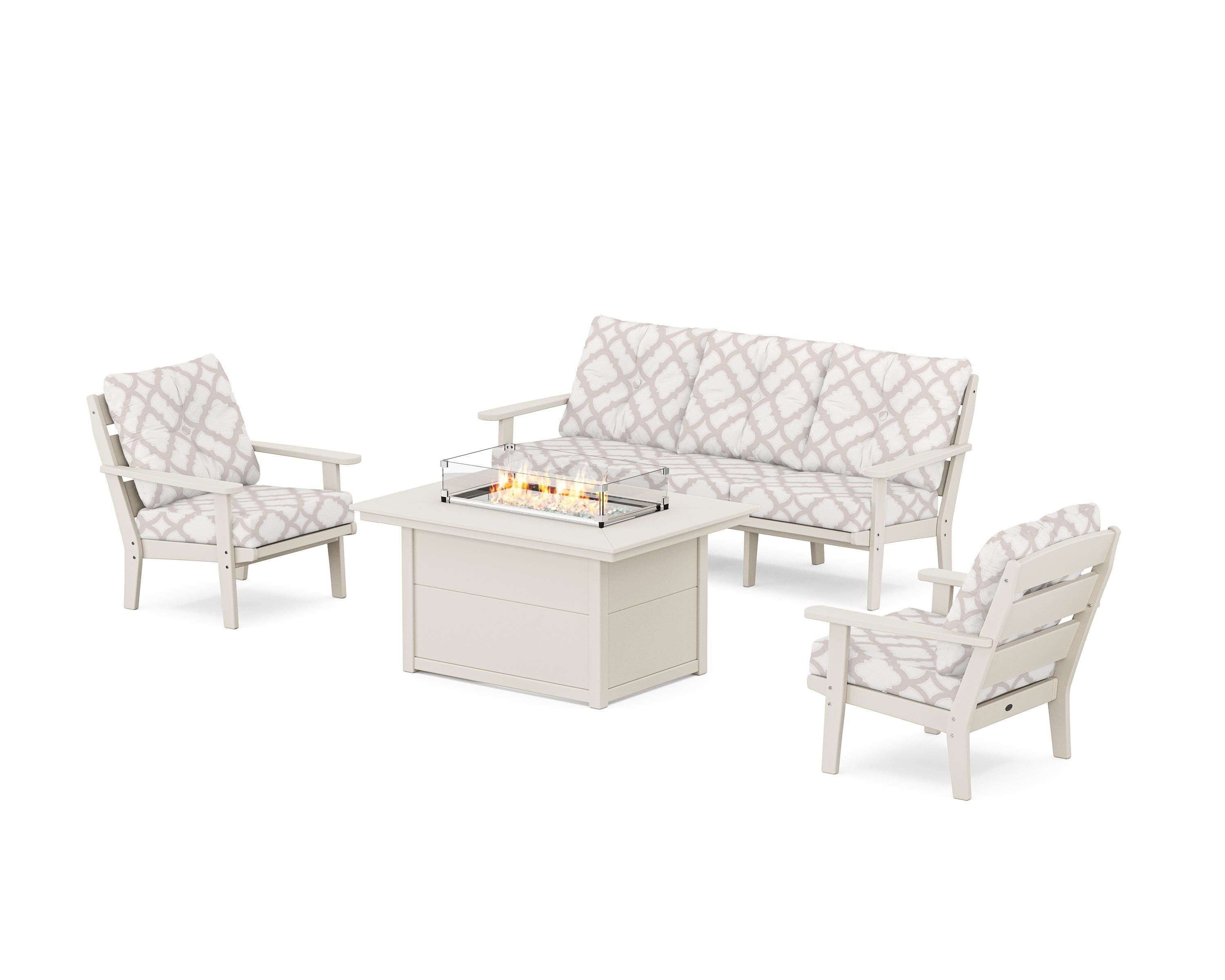 POLYWOOD® Lakeside Deep Seating Fire Pit Table Set in Sand / Trellis Dune Burlap