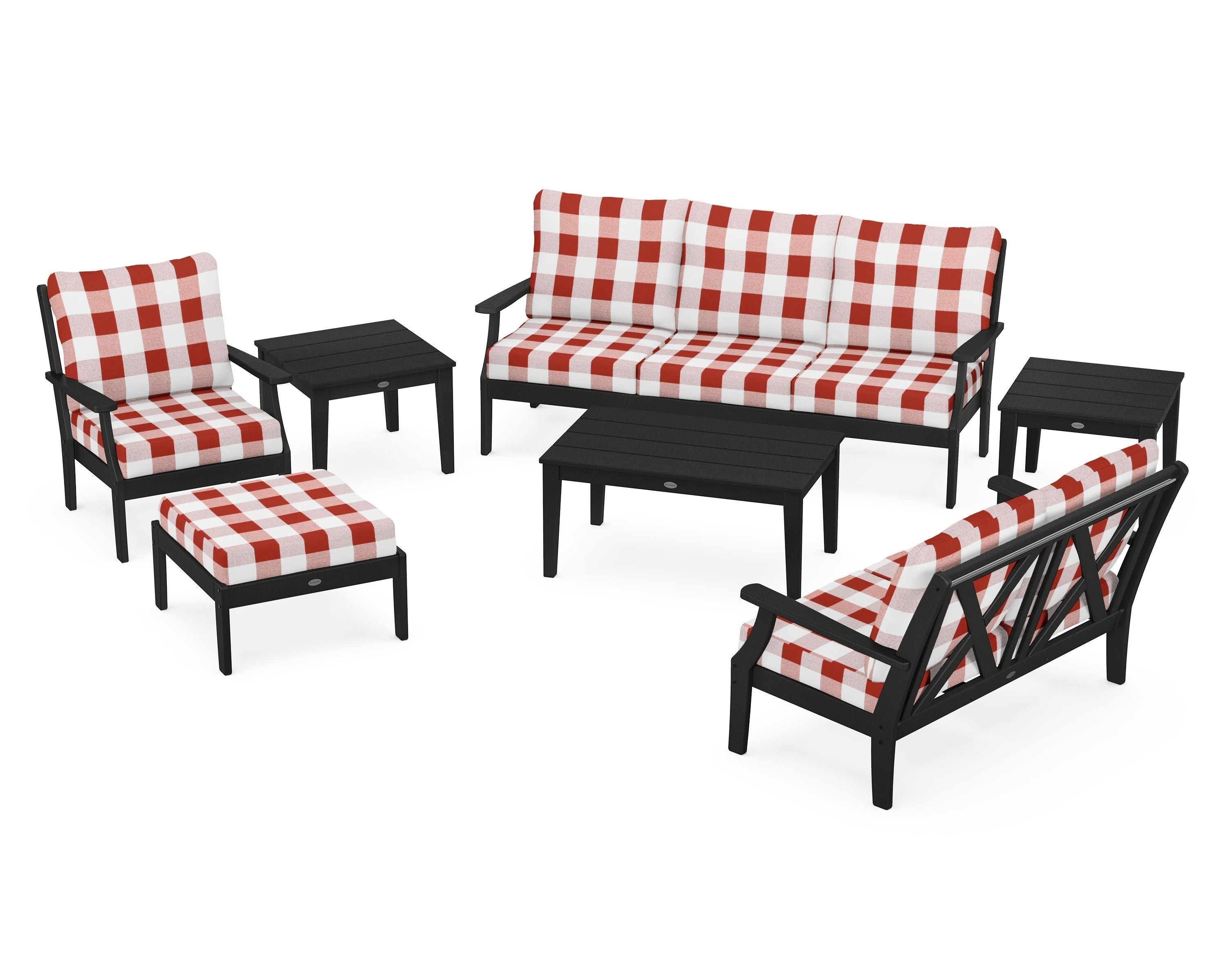 POLYWOOD® Braxton 7-Piece Deep Seating Set in Black / Buffalo Plaid Crimson