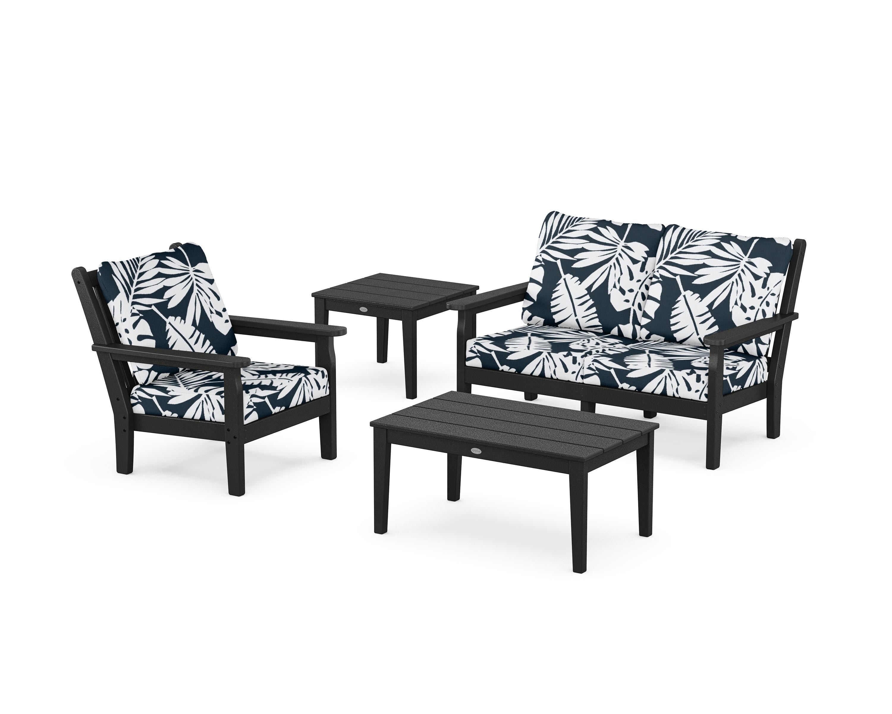 POLYWOOD® Chippendale 4-Piece Deep Seating Set in Black / Leaf Marine Indigo
