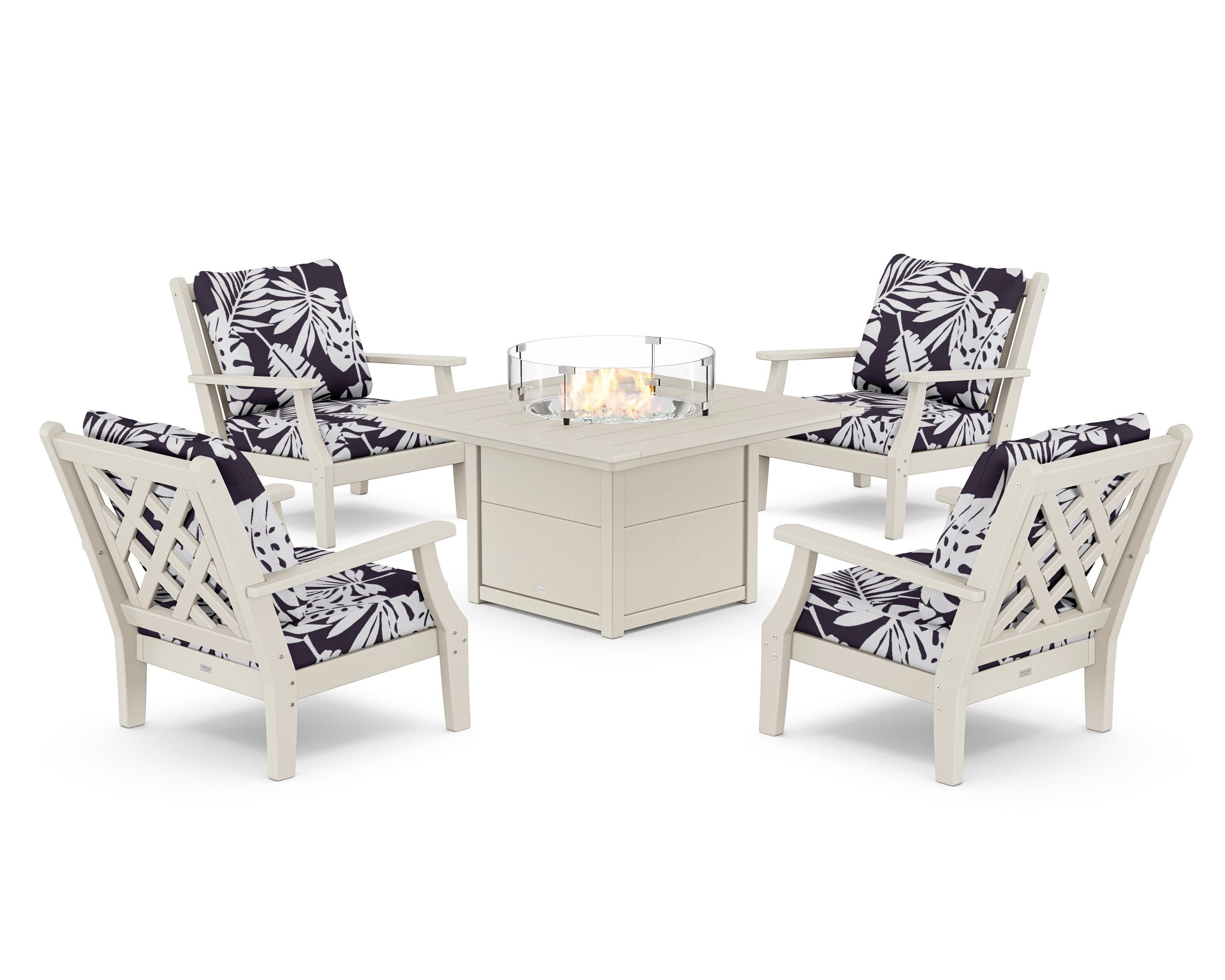 Country Living Wovendale 5-Piece Deep Seating Set with Fire Pit Table in Sand / Leaf Navy