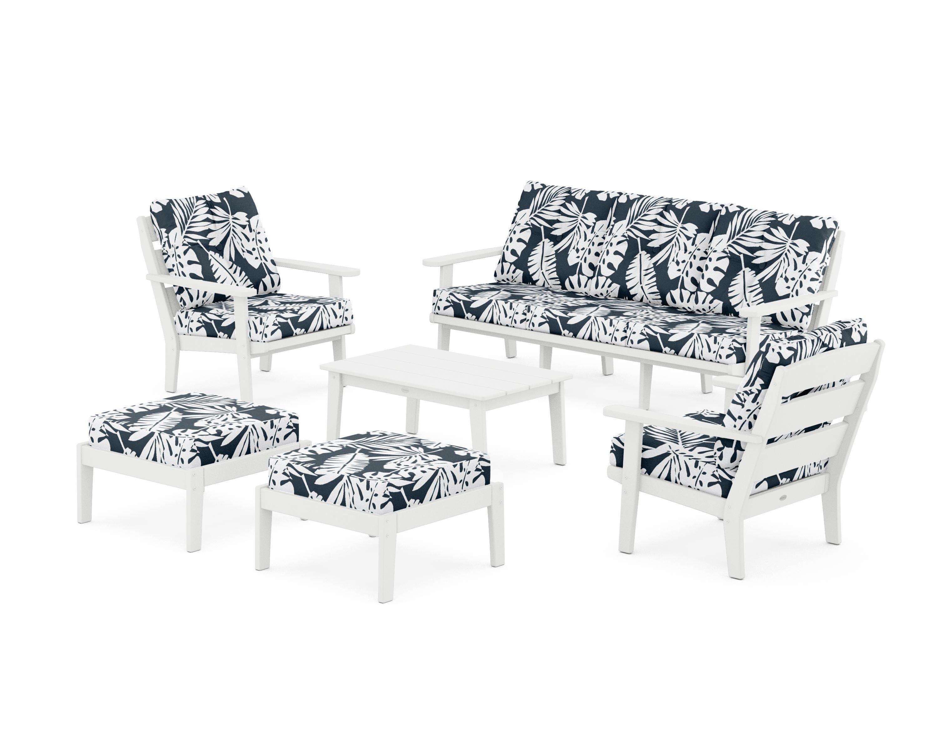 POLYWOOD® Lakeside 6-Piece Lounge Sofa Set in White / Leaf Marine Indigo