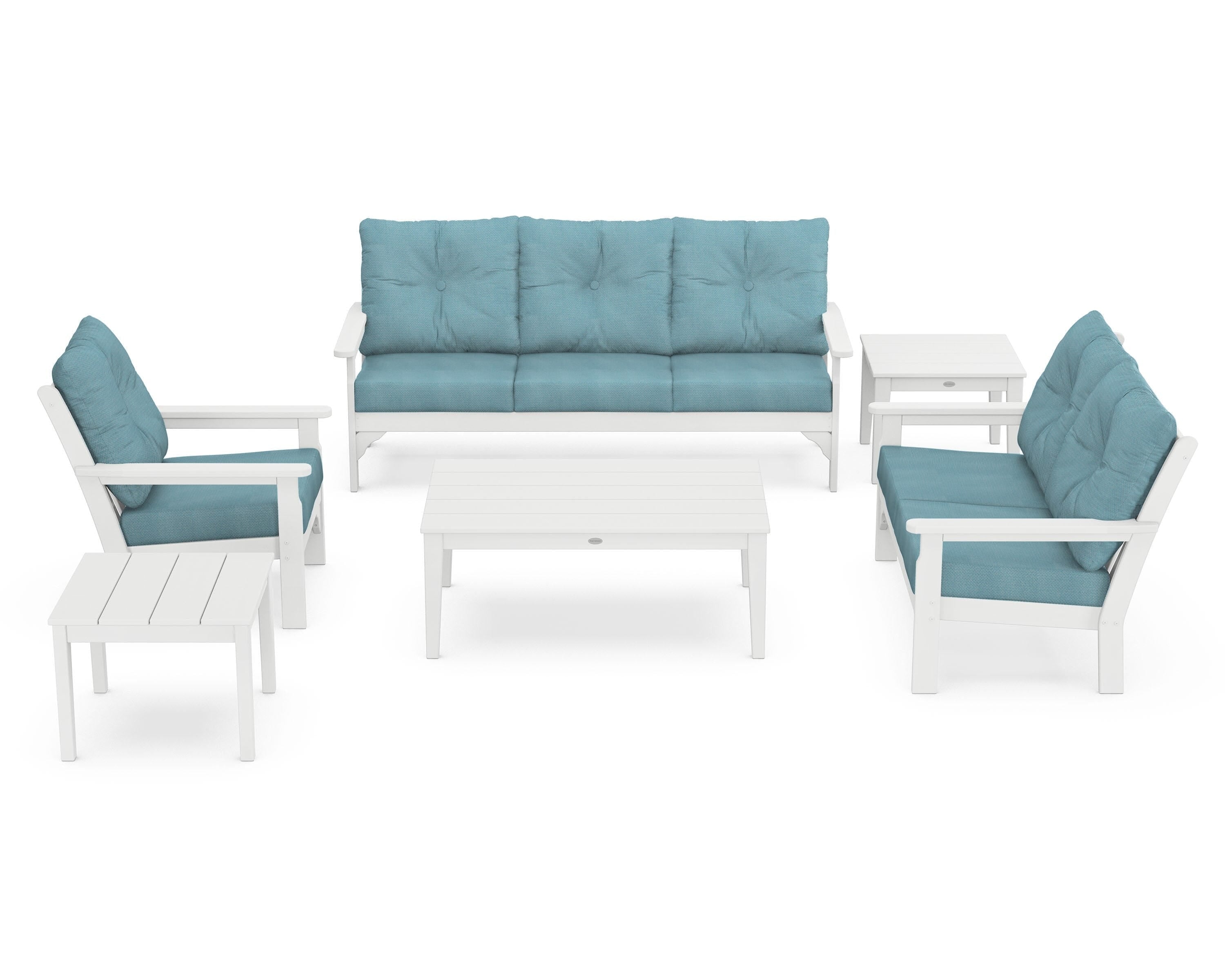 POLYWOOD® Vineyard 6-Piece Deep Seating Set in White / Lattice Sky Blue