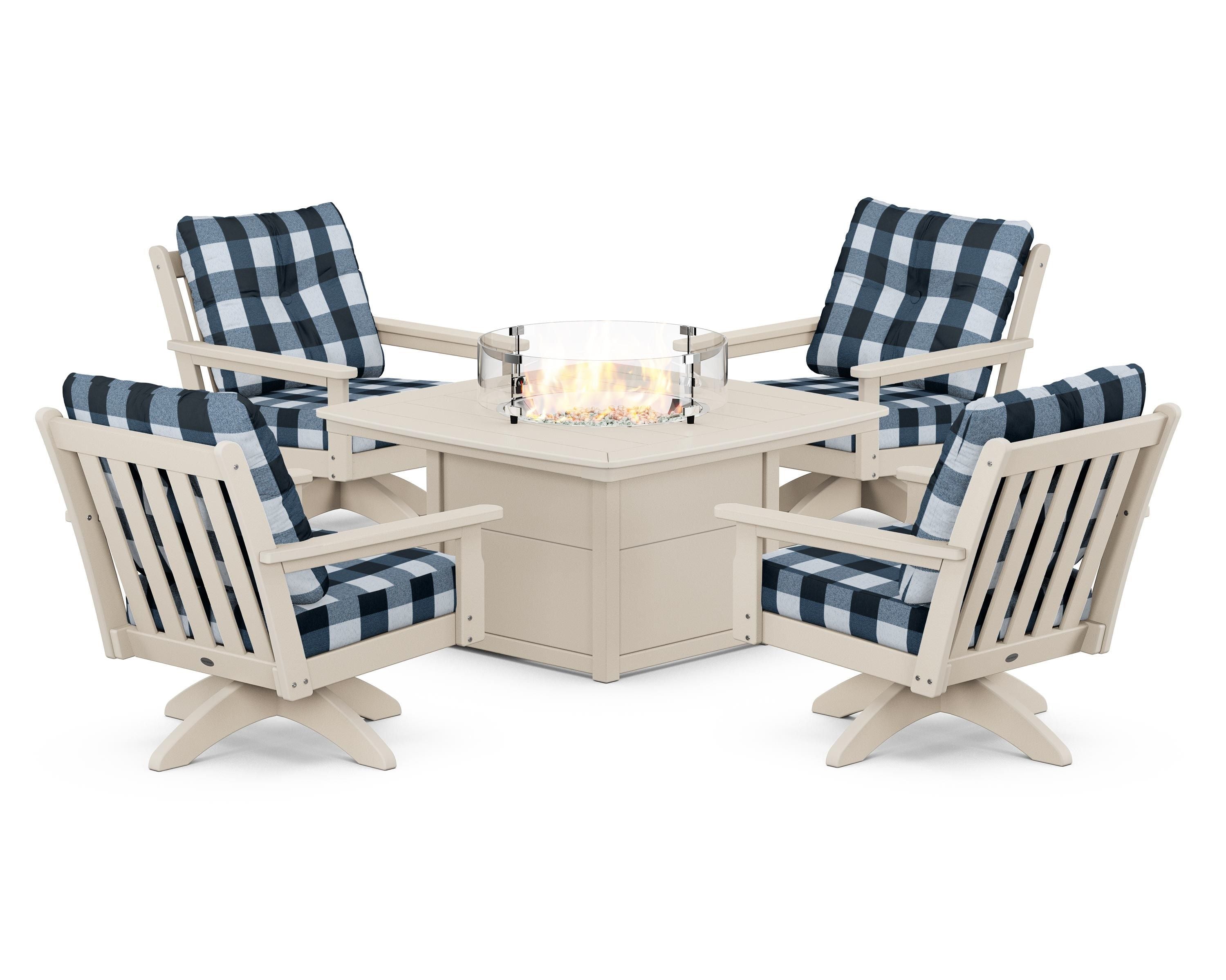POLYWOOD® Vineyard 5-Piece Deep Seating Swivel Conversation Set with Fire Pit Table in Sand / Buffalo Plaid Marine Indigo