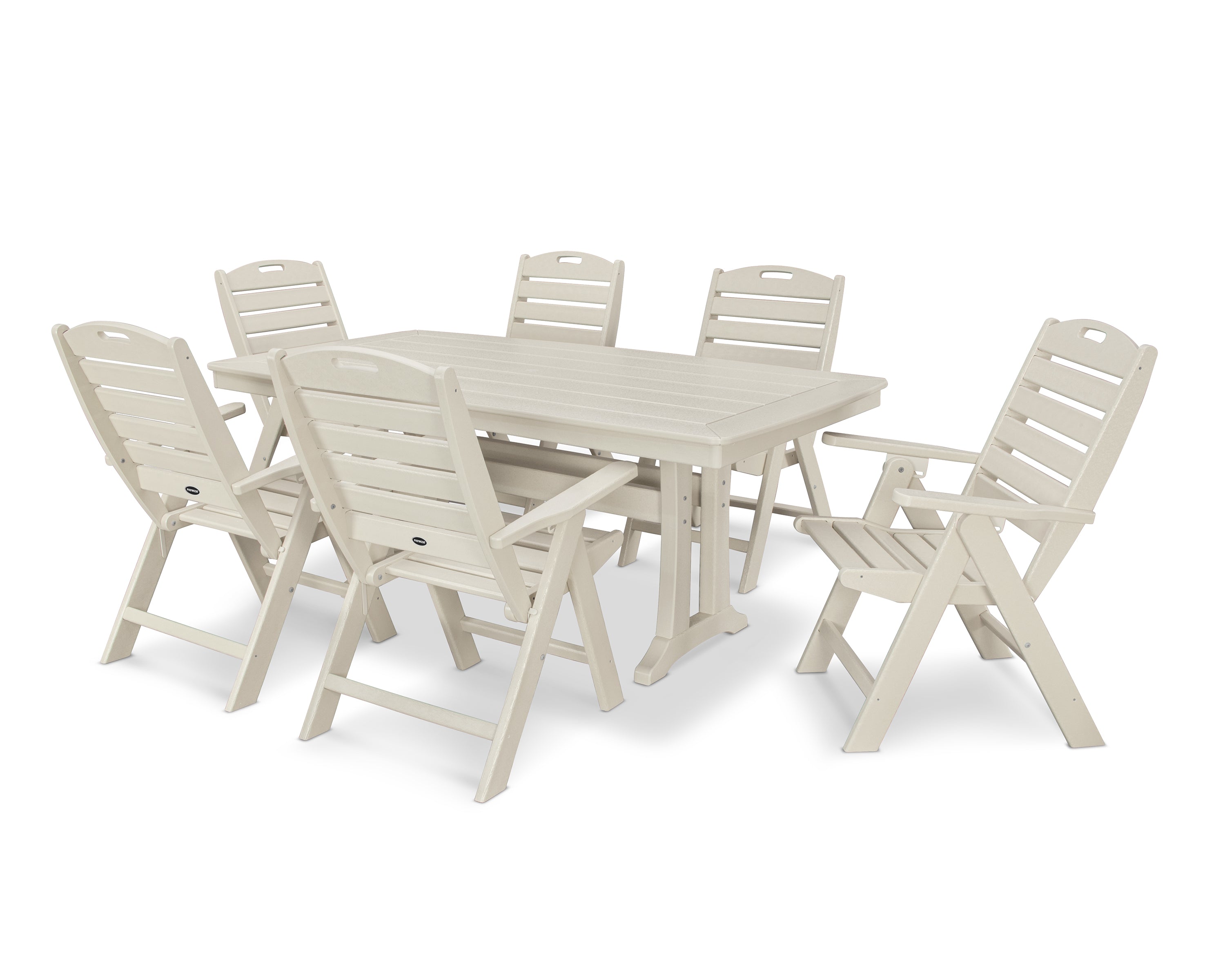 POLYWOOD® Nautical Folding Highback Chair 7-Piece Dining Set with Trestle Legs in Sand