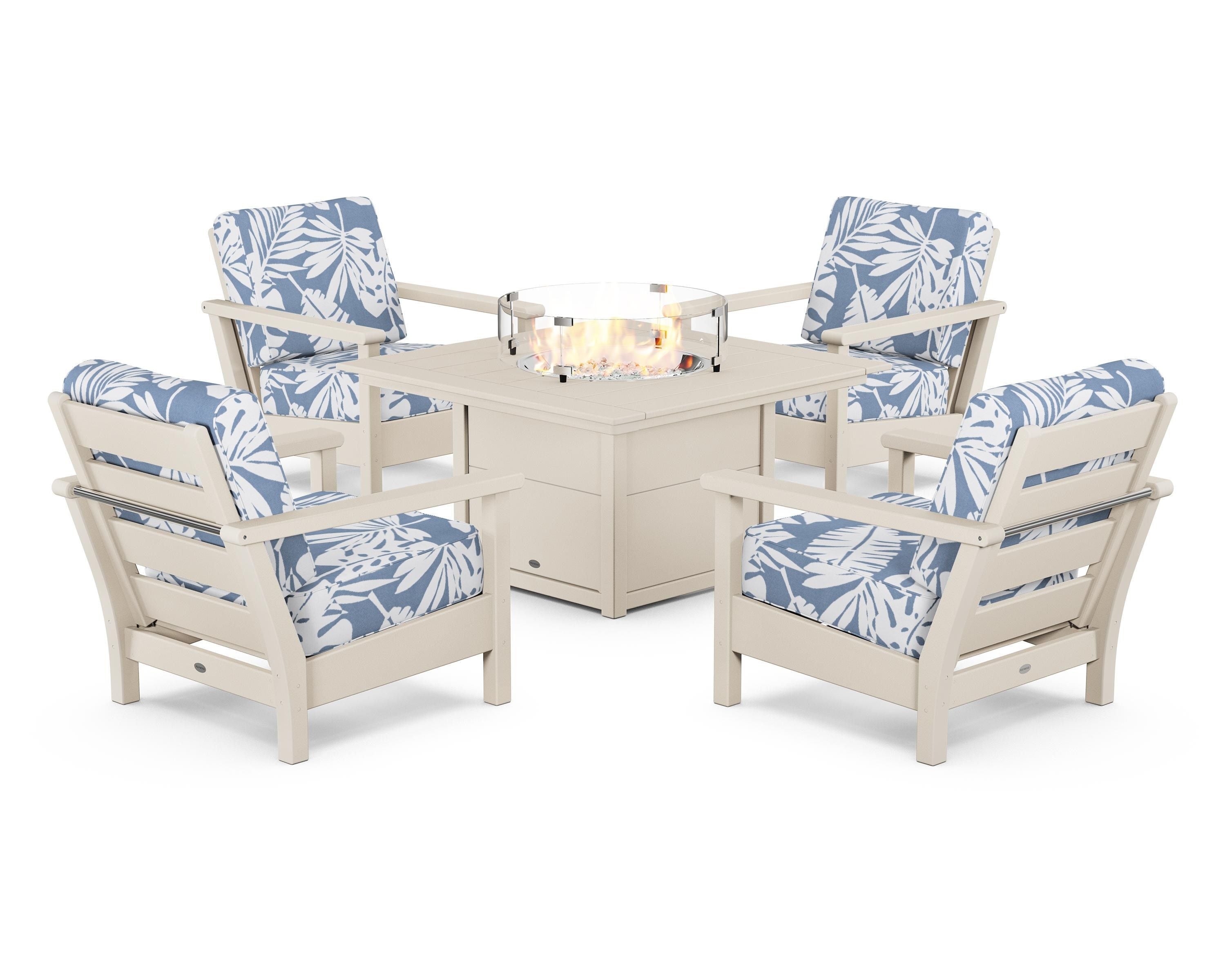 POLYWOOD® Harbour 5-Piece Conversation Set with Fire Pit Table in Sand / Leaf Sky Blue