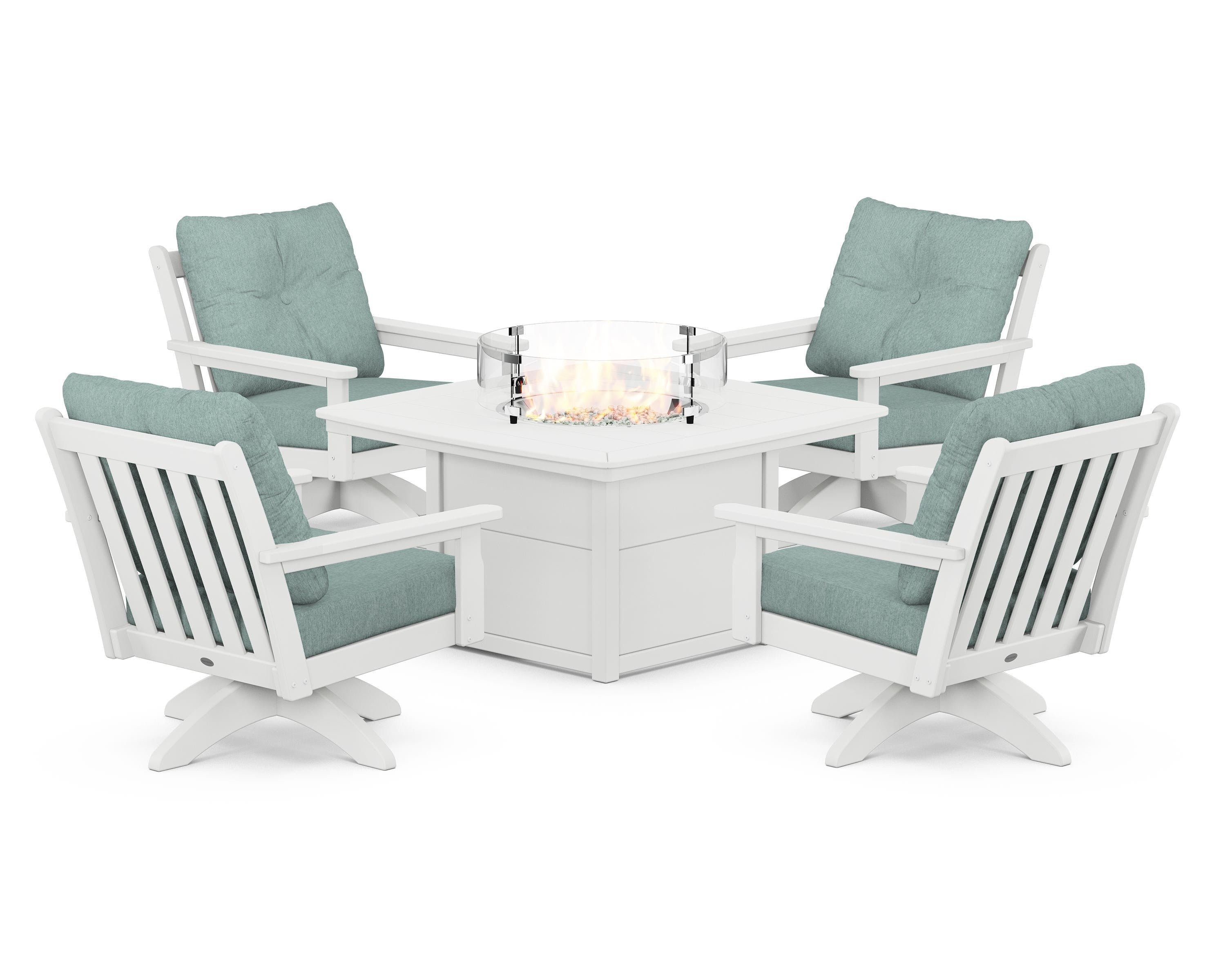 POLYWOOD® Vineyard 5-Piece Deep Seating Swivel Conversation Set with Fire Pit Table in White / Glacier Spa