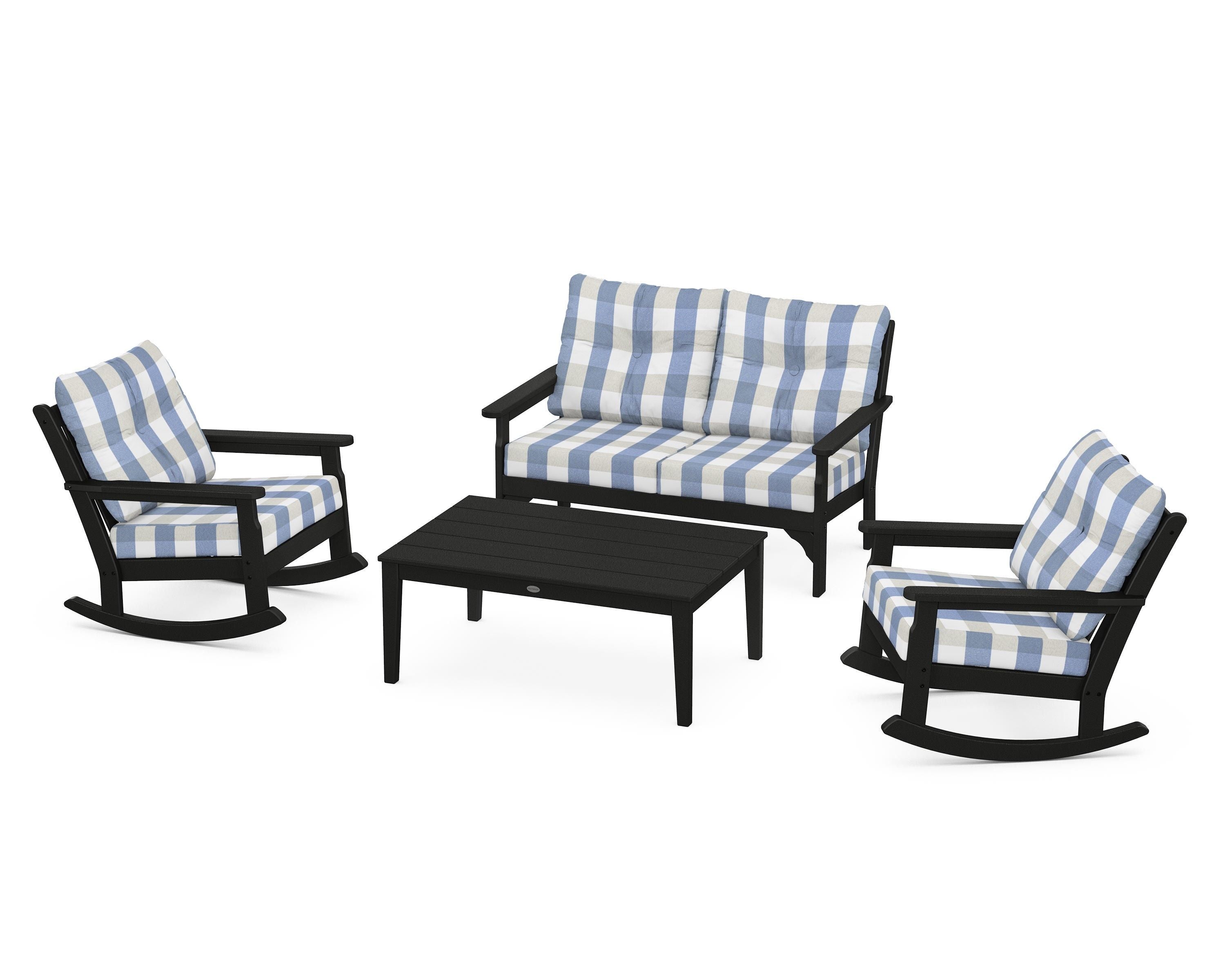 POLYWOOD® Vineyard 4-Piece Deep Seating Rocking Chair Set in Black / Buffalo Plaid Sky Blue