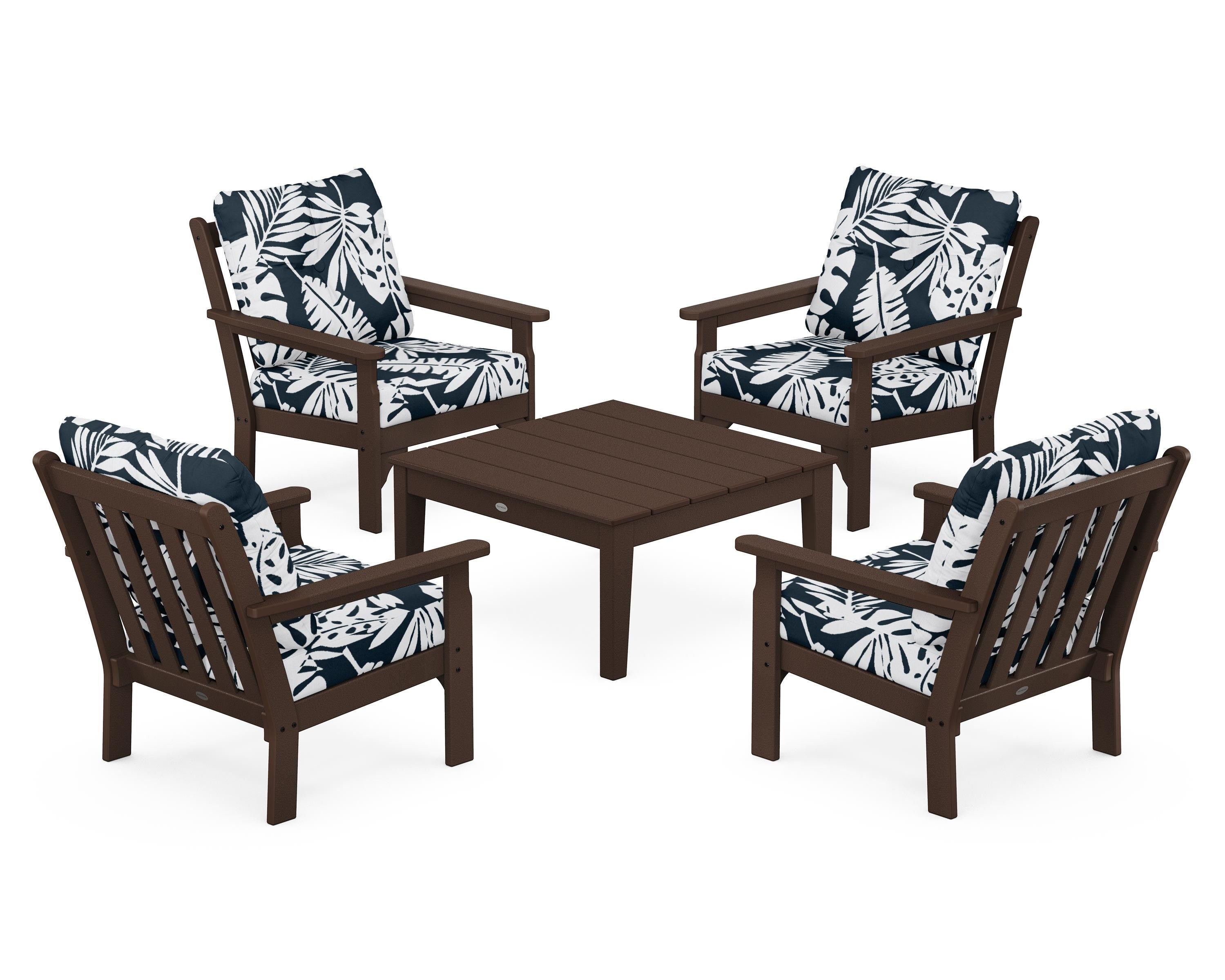 POLYWOOD® Vineyard 5-Piece Deep Seating Conversation Set in Mahogany / Leaf Marine Indigo