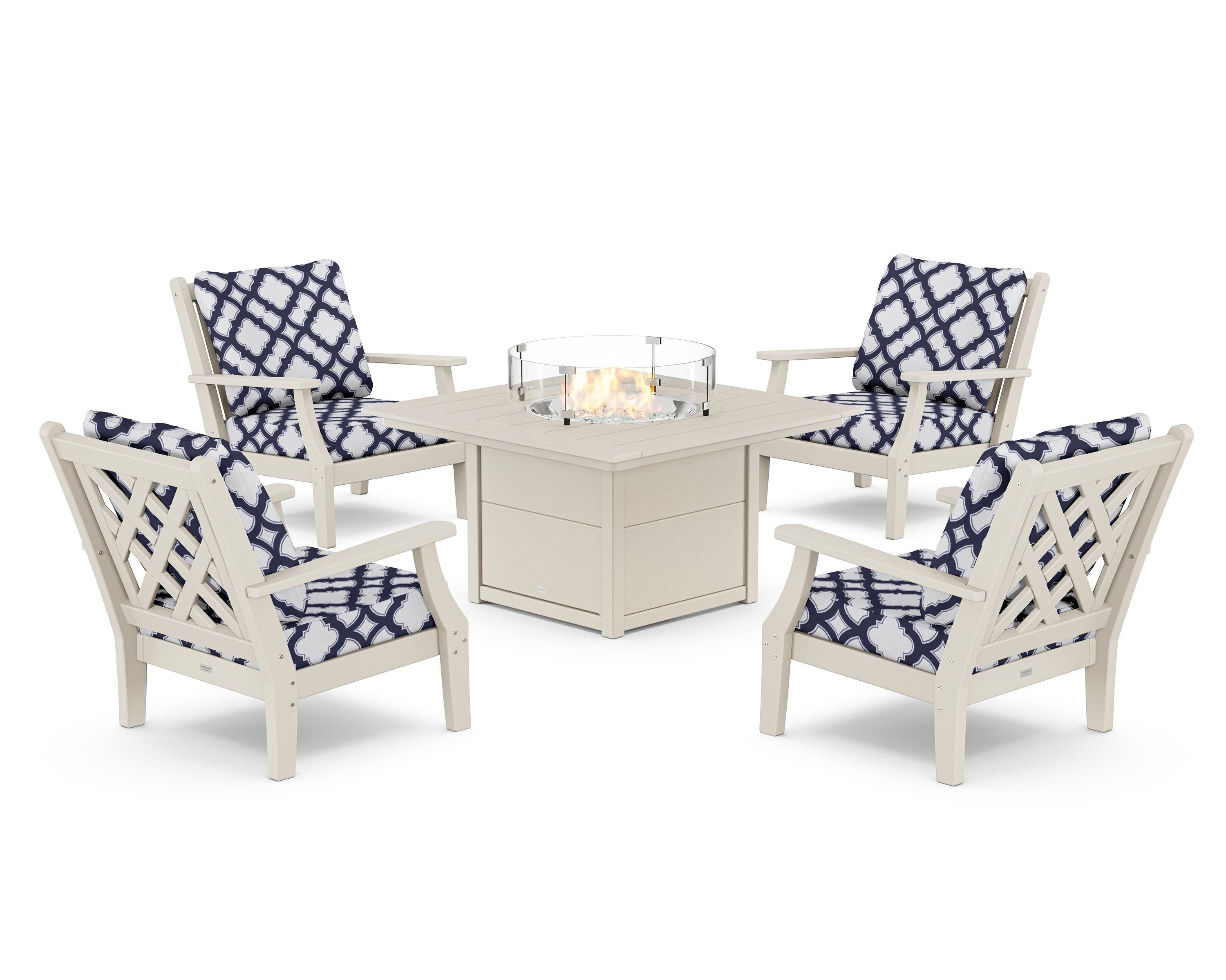 Country Living Wovendale 5-Piece Deep Seating Set with Fire Pit Table in Sand / Trellis Navy