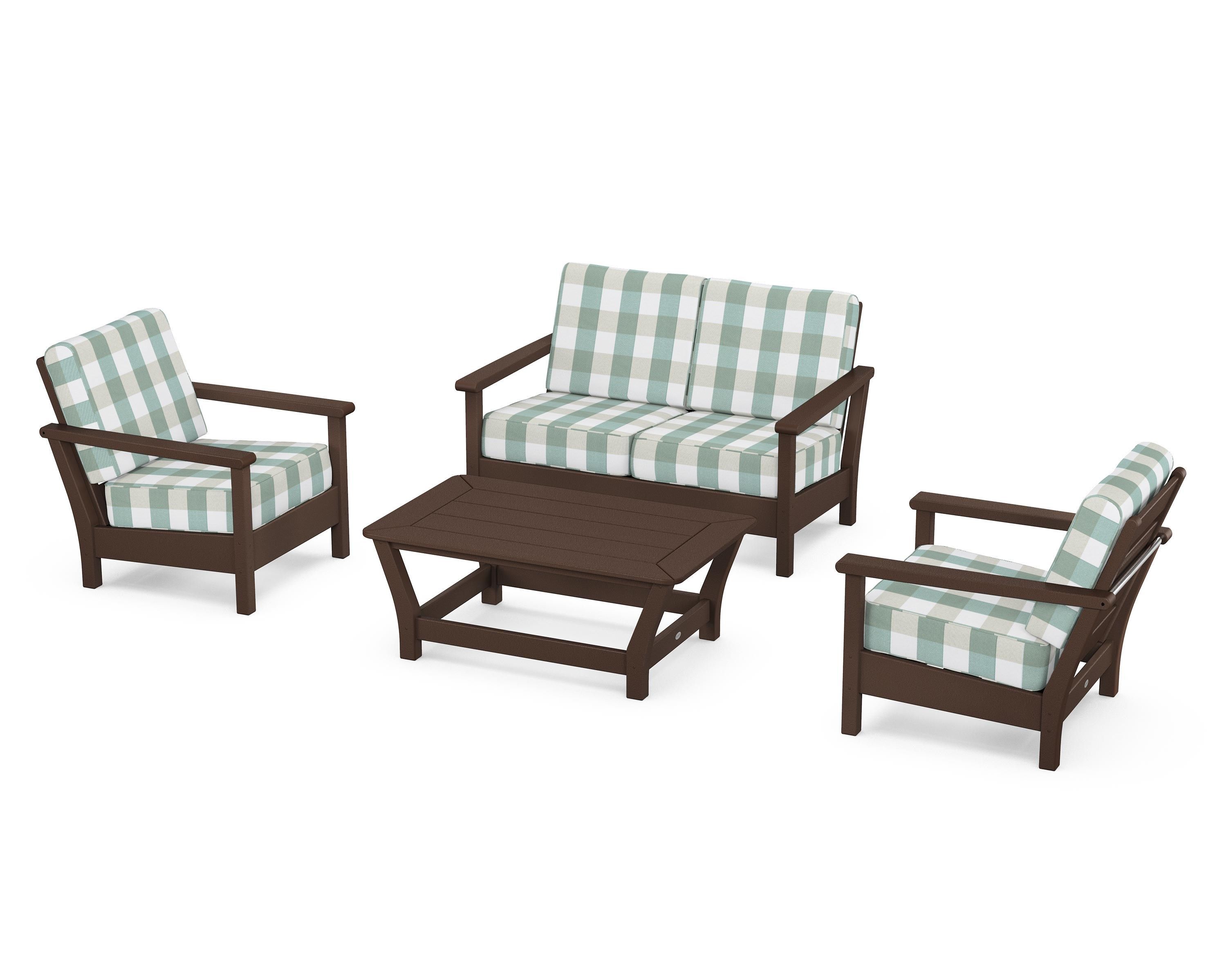 POLYWOOD® Harbour 4-Piece Deep Seating Set in Mahogany / Buffalo Plaid Glacier Spa
