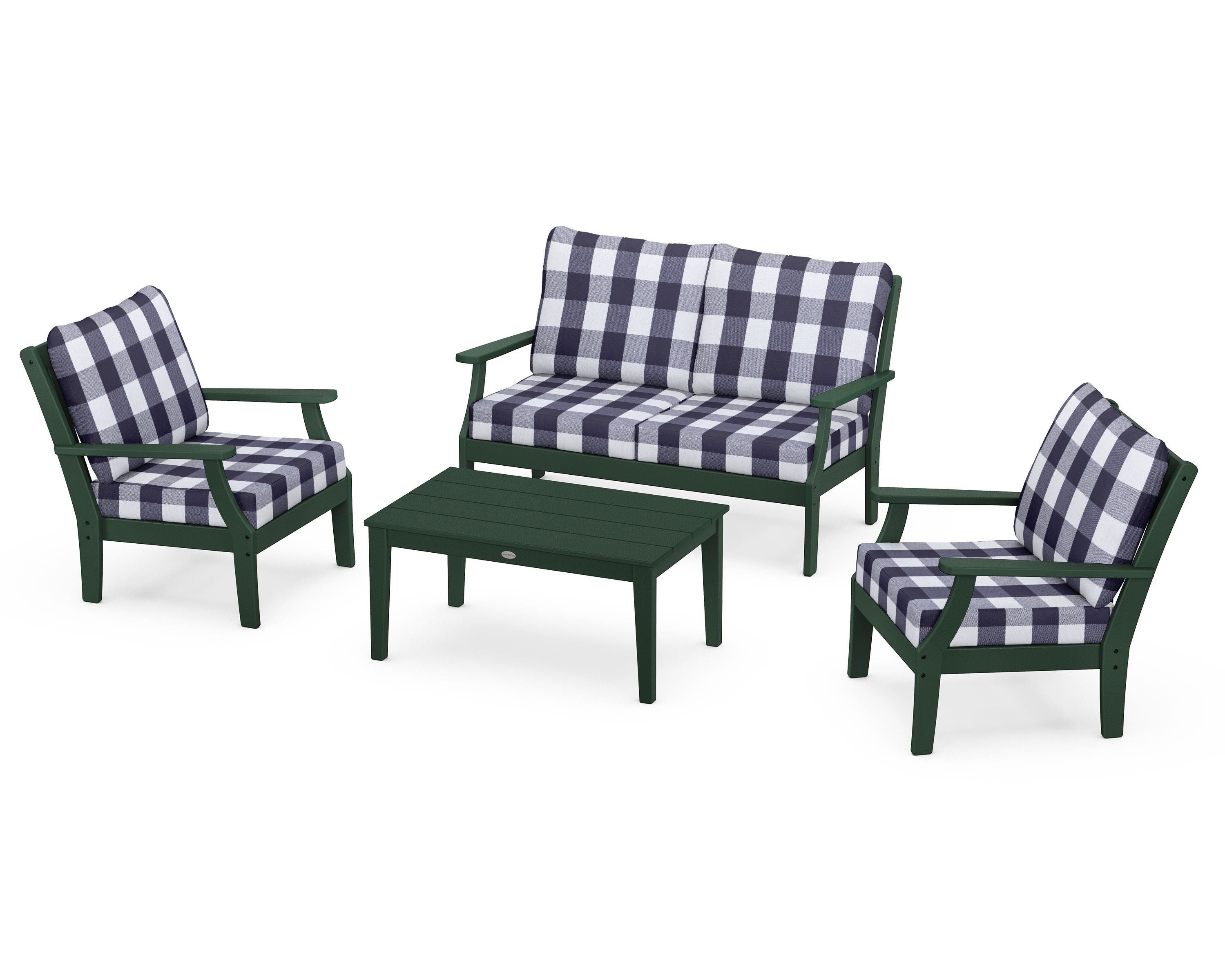 POLYWOOD® Braxton 4-Piece Deep Seating Chair Set in Green / Buffalo Plaid Navy