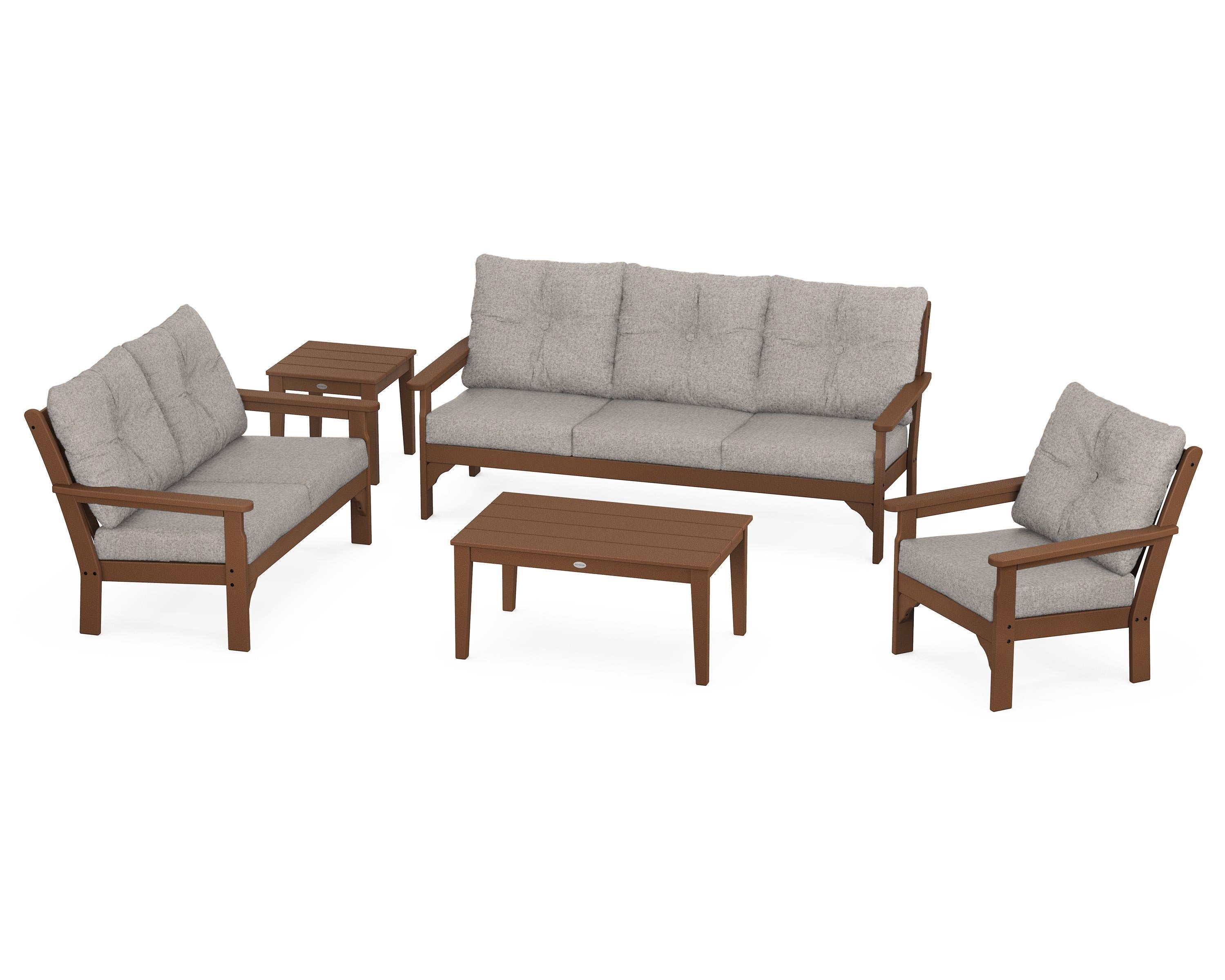POLYWOOD® Vineyard 5 Piece Deep Seating Set in Teak / Weathered Tweed