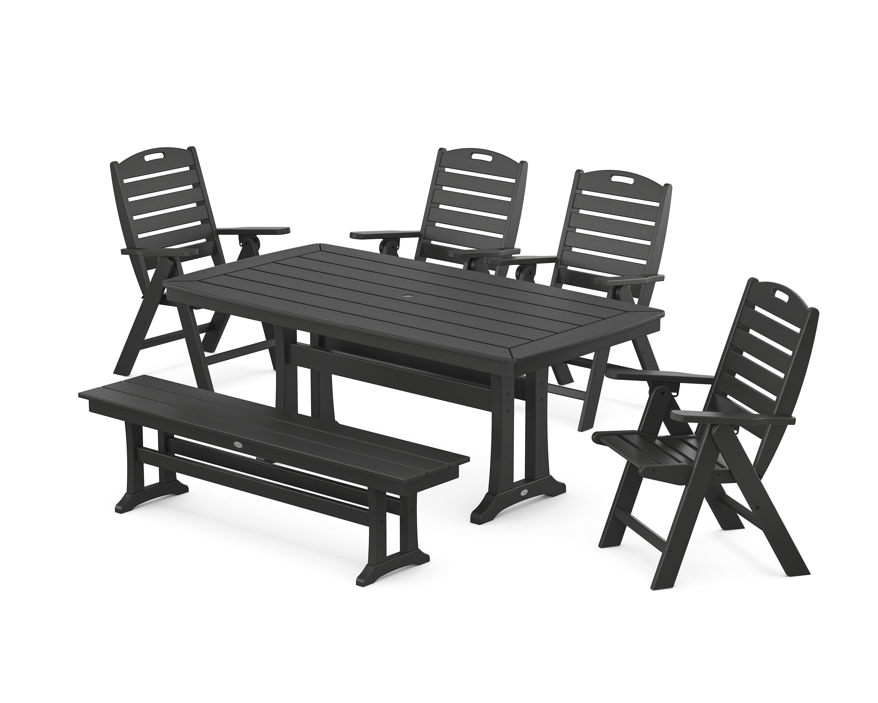 POLYWOOD® Nautical Highback 6-Piece Dining Set with Trestle Legs and Bench in Black