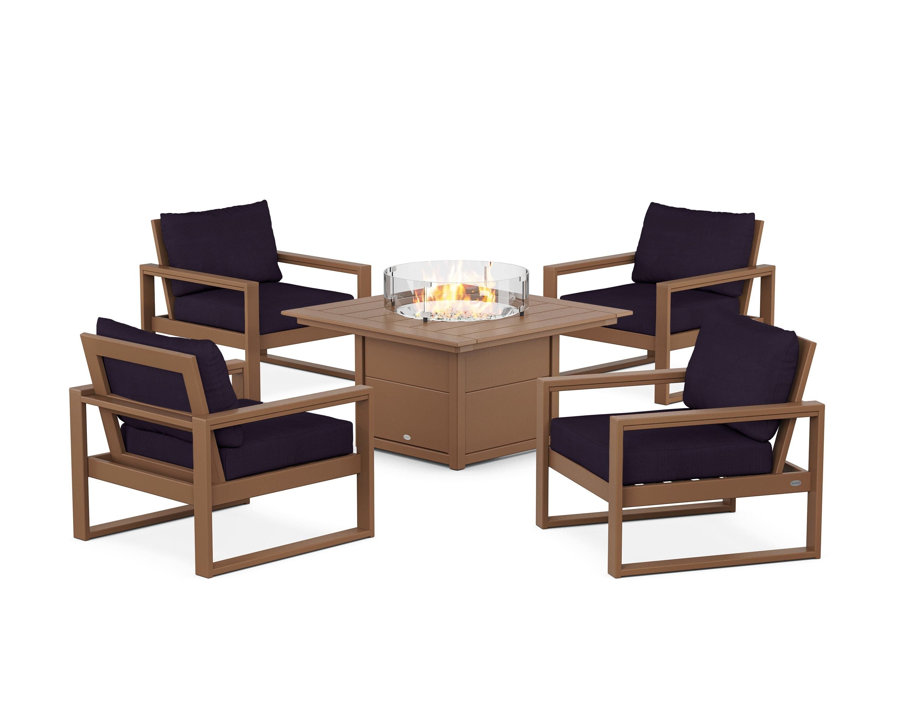 POLYWOOD® EDGE Sectional 5-Piece Deep Seating Set with Fire Pit Table in Teak / Navy Linen