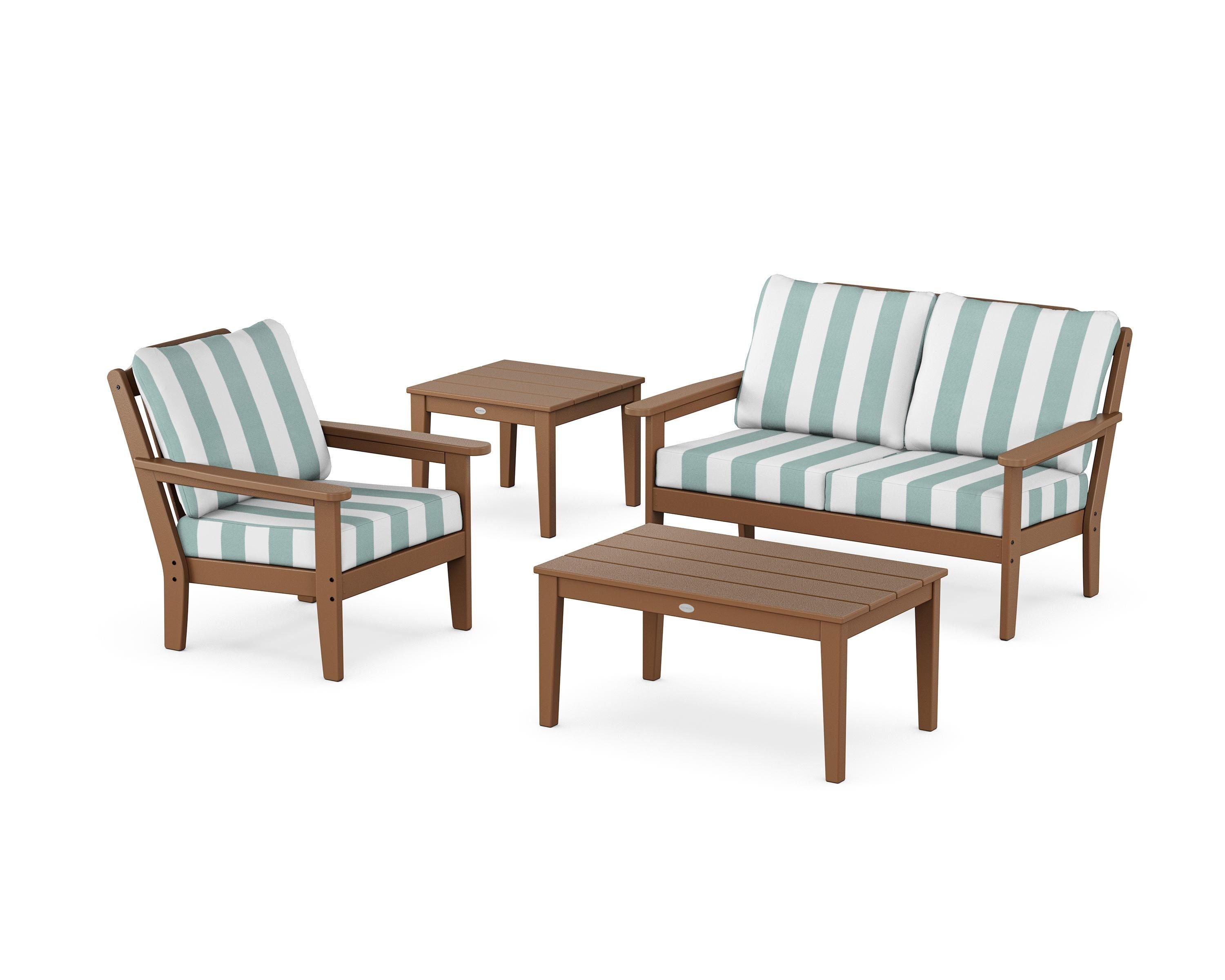 Country Living Wovendale 4-Piece Deep Seating Set in Teak / Cabana Stripe Glacier Spa