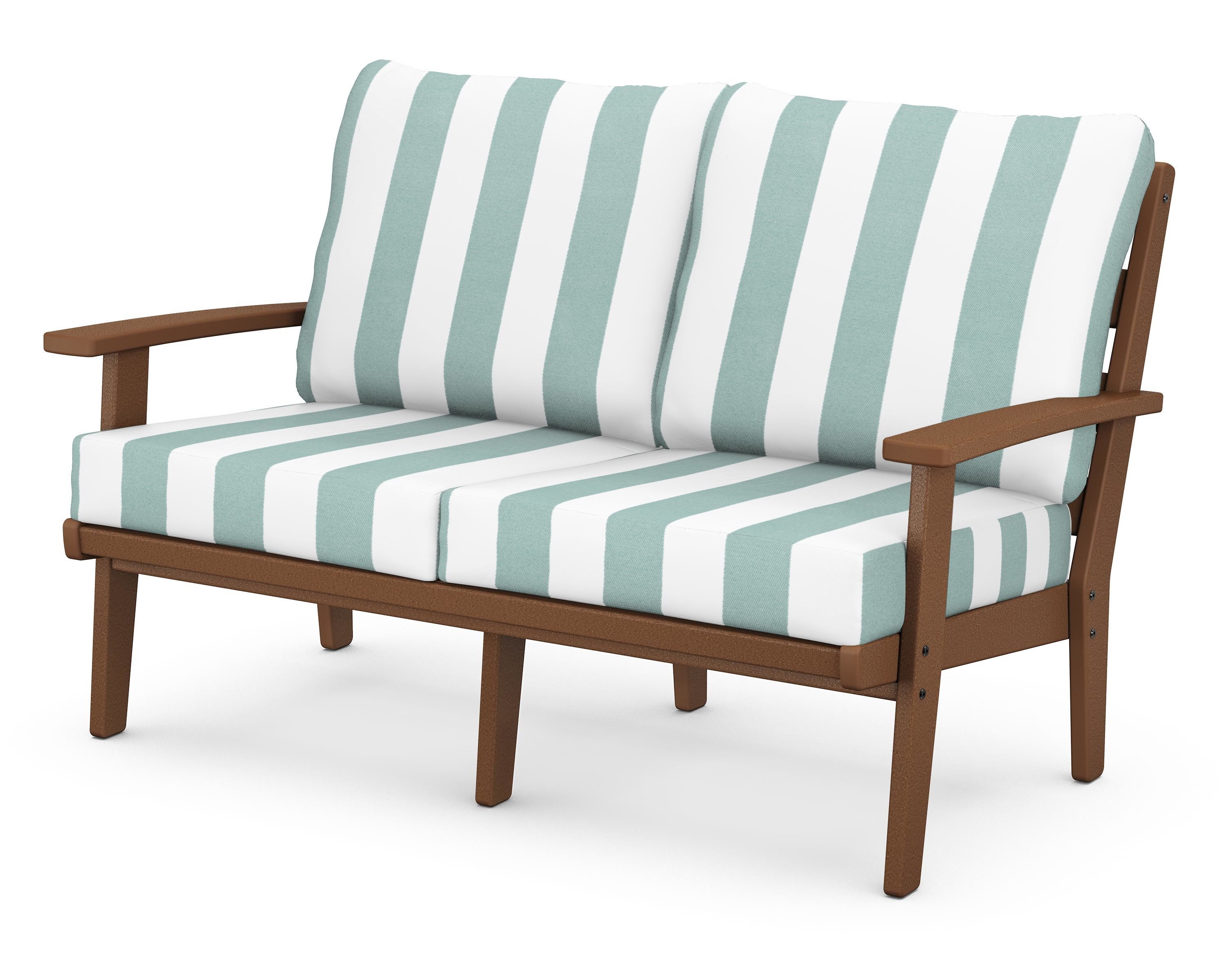POLYWOOD® Grant Park Deep Seating Loveseat in Teak / Cabana Stripe Glacier Spa