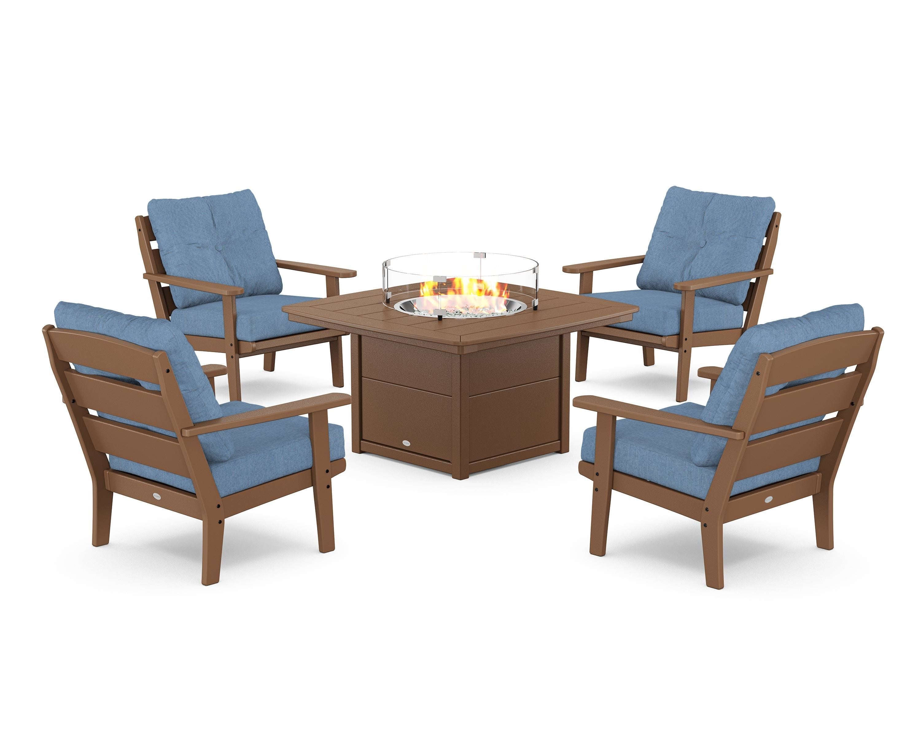 POLYWOOD® Lakeside 5-Piece Deep Seating Set with Nautical Fire Pit Table in Teak / Sky Blue