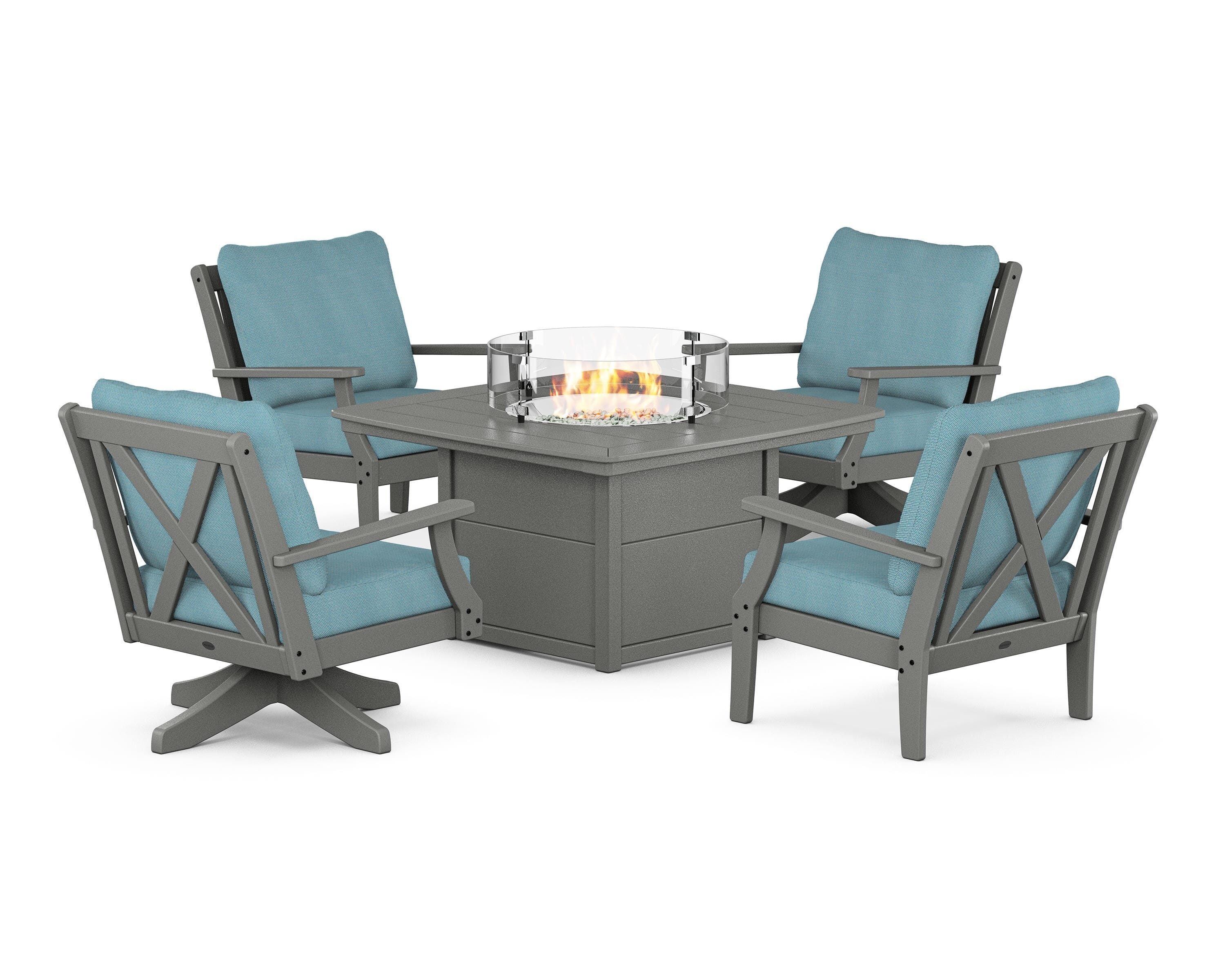 POLYWOOD® Braxton 5-Piece Deep Seating Set with Fire Table in Slate Grey / Lattice Sky Blue