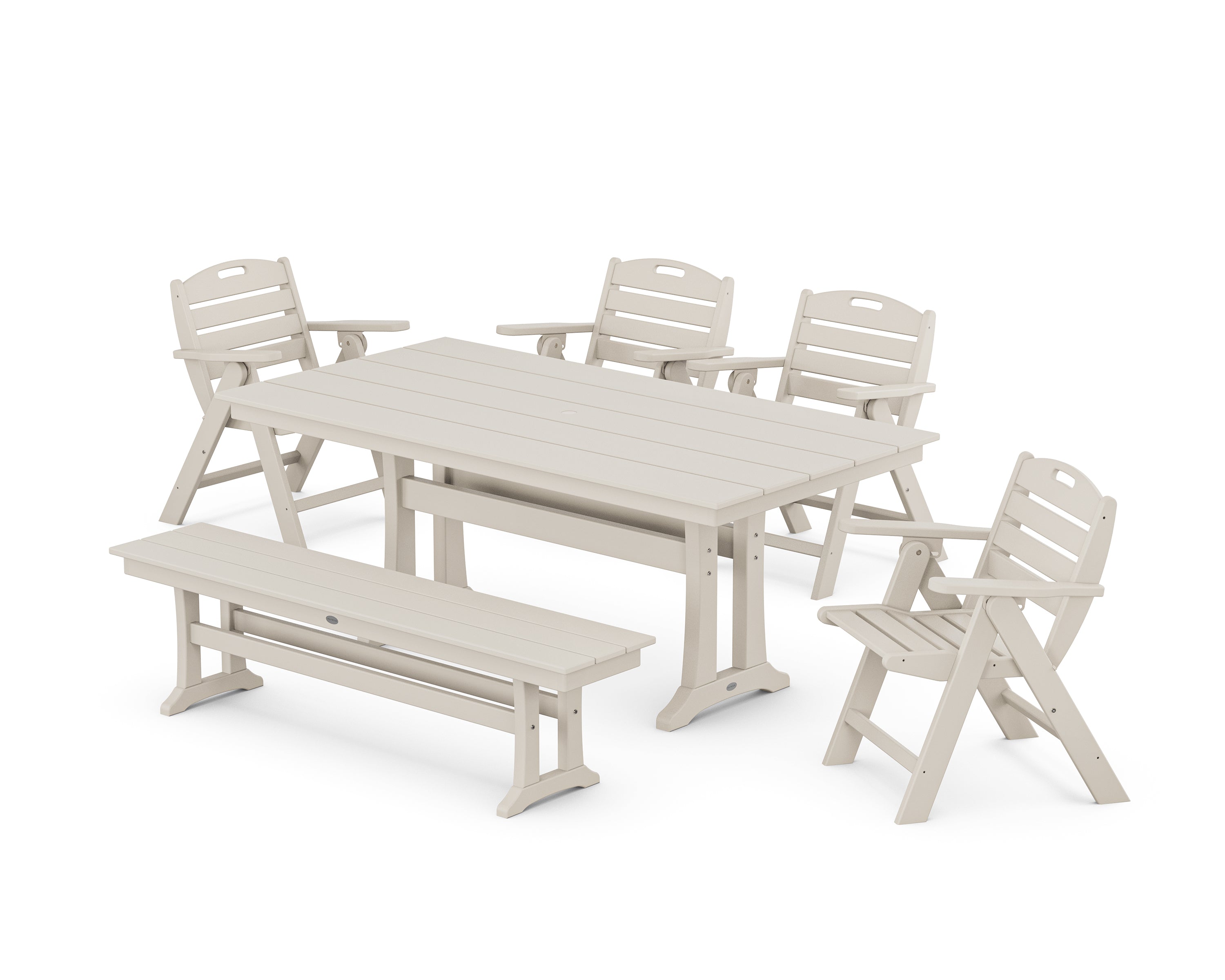 POLYWOOD® Nautical Lowback 6-Piece Farmhouse Dining Set with Trestle Legs and Bench in Sand