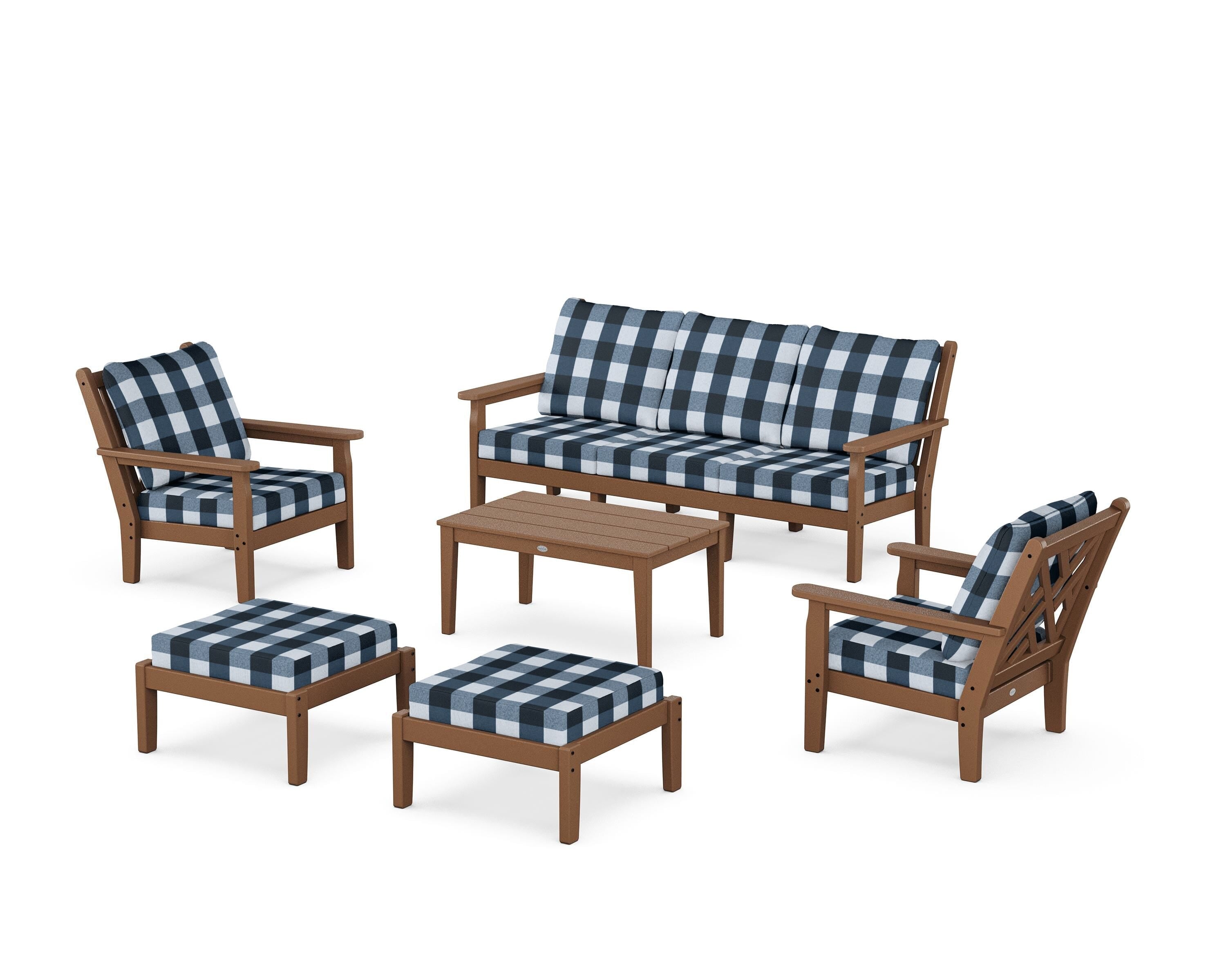 POLYWOOD® Chippendale 6-Piece Lounge Sofa Set in Teak / Buffalo Plaid Marine Indigo