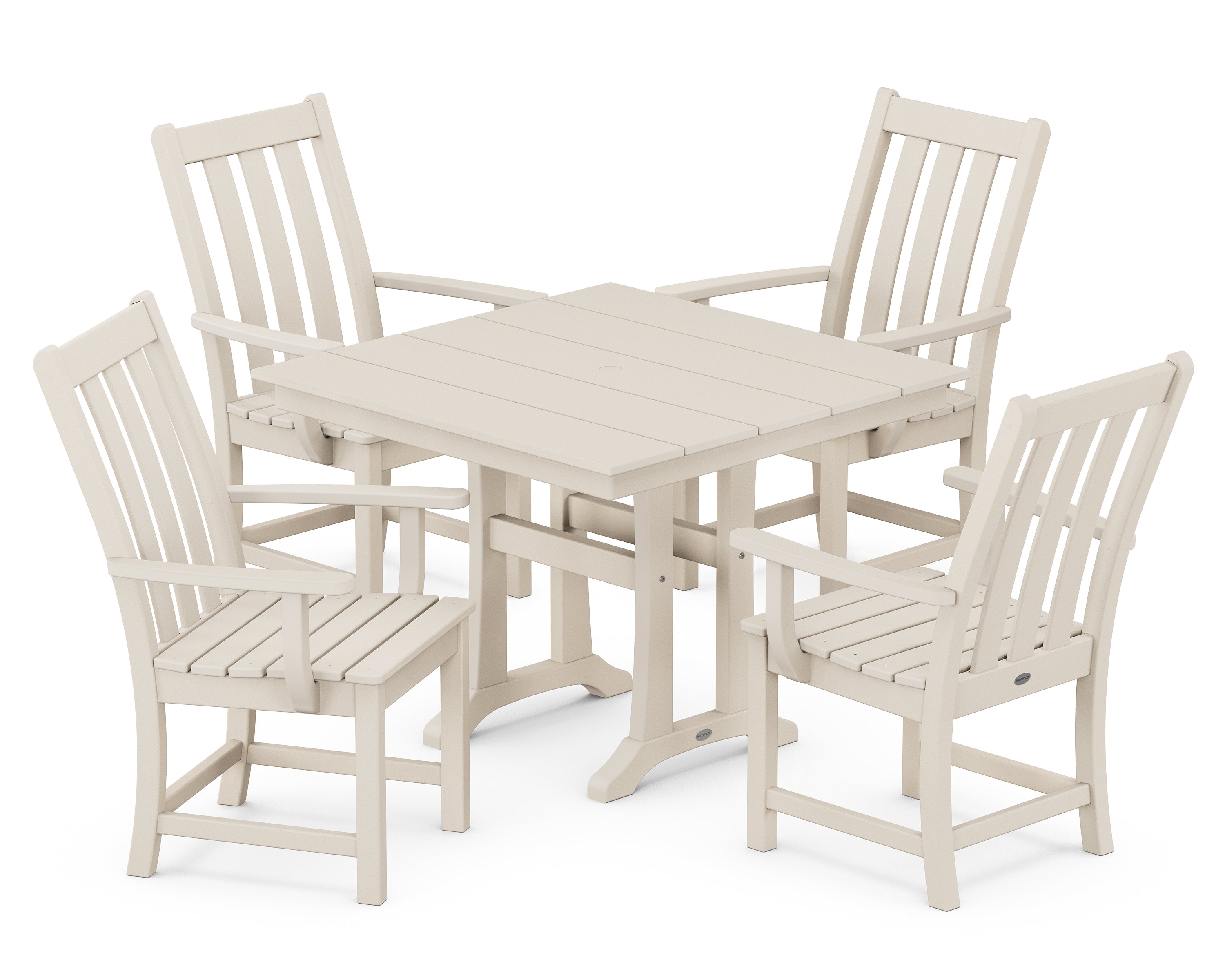 POLYWOOD® Vineyard 5-Piece Farmhouse Trestle Arm Chair Dining Set in Sand