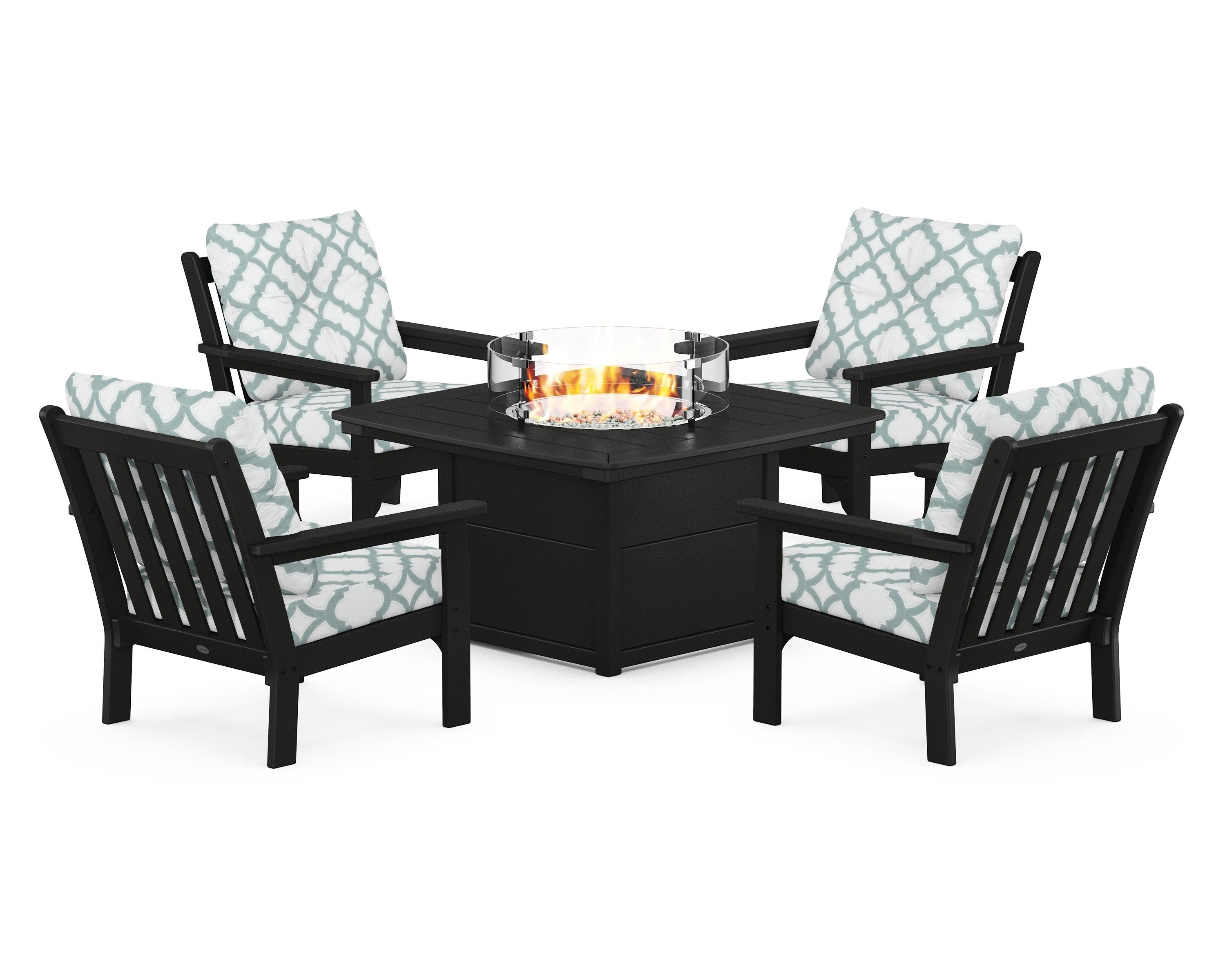 POLYWOOD® Vineyard 5-Piece Conversation Set with Fire Pit Table in Black / Trellis Glacier Spa
