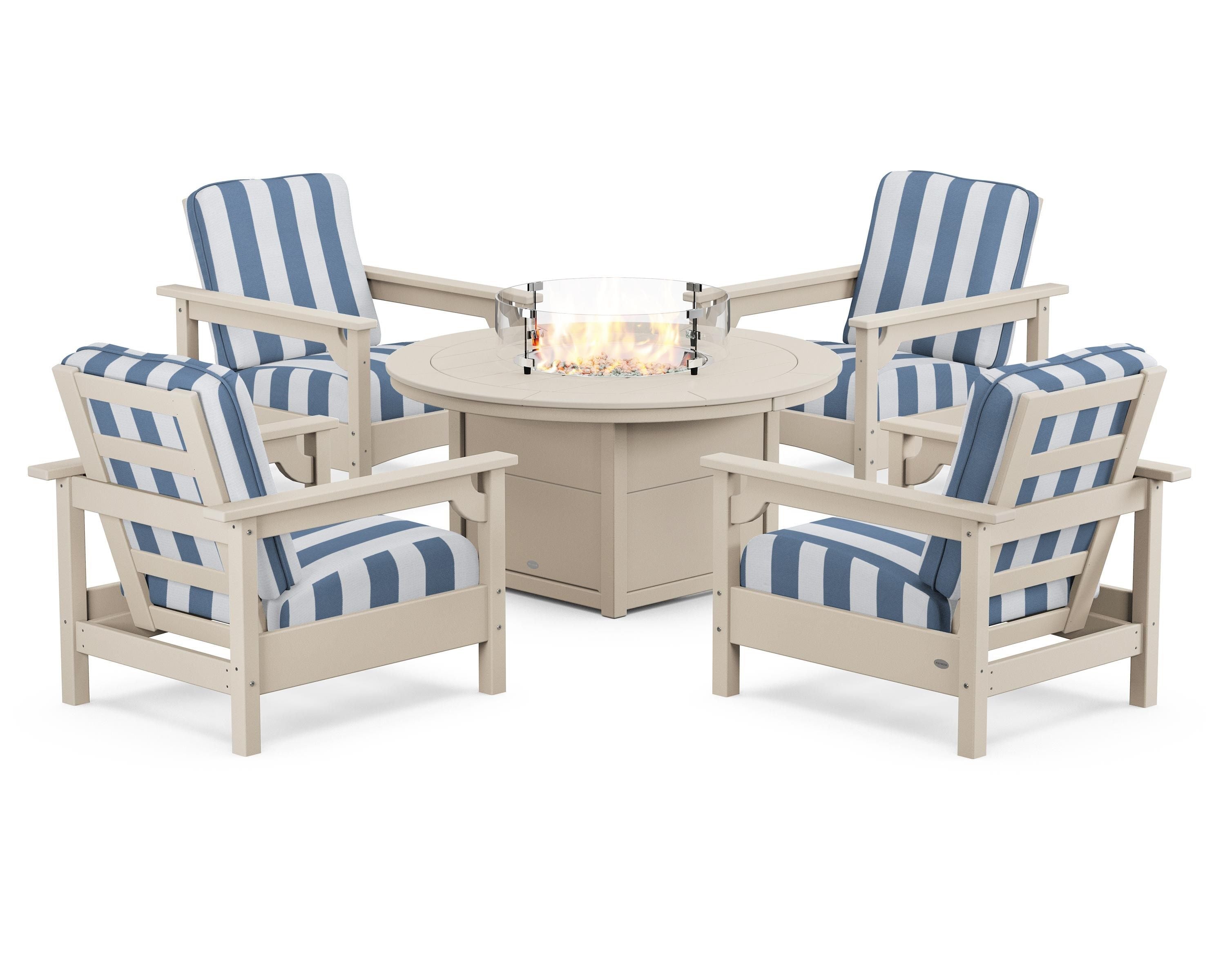 POLYWOOD® Club 5-Piece Conversation Set with Fire Pit Table in Sand / Cabana Stripe Sky Blue