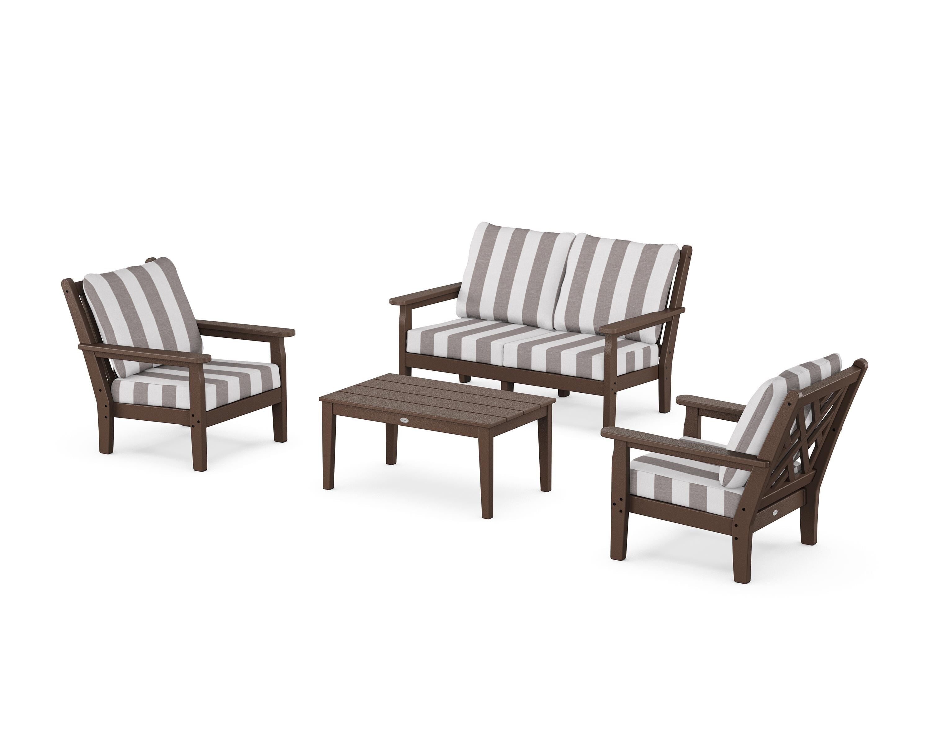 POLYWOOD® Chippendale 4-Piece Deep Seating Set with Loveseat in Mahogany / Cabana Stripe Grey Mist
