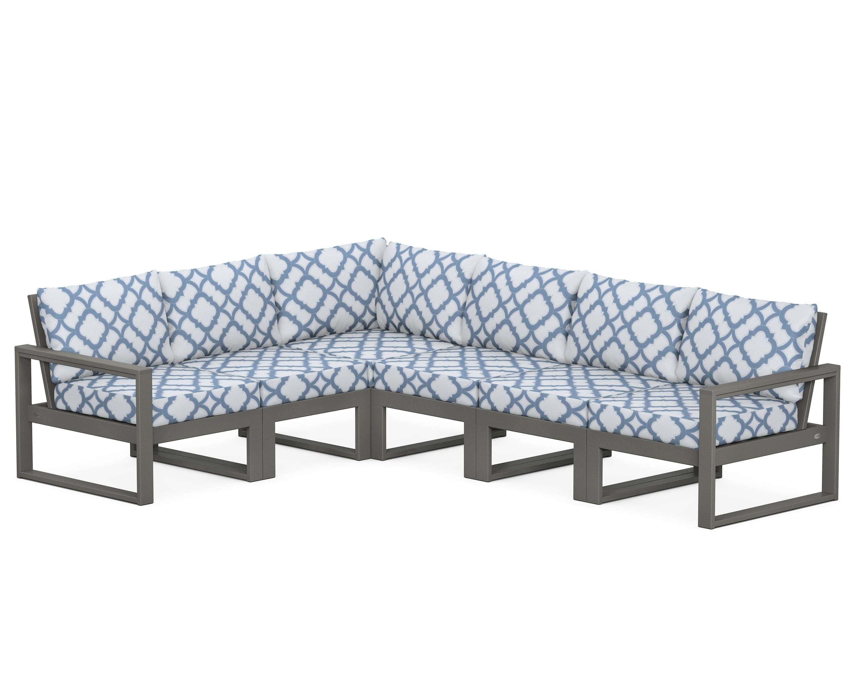POLYWOOD® EDGE 6-Piece Modular Deep Seating Set in Slate Grey / Trellis Sky Blue