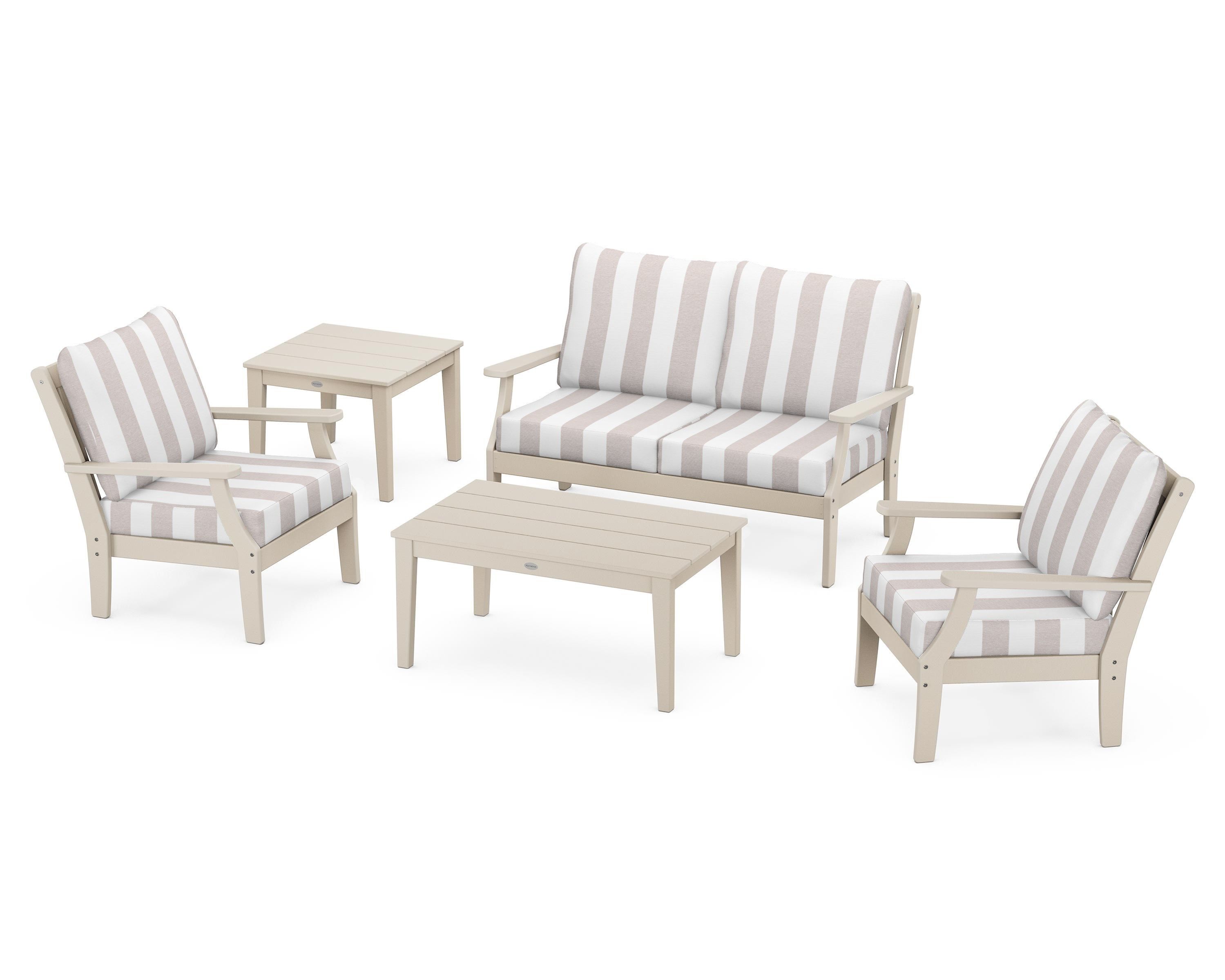 POLYWOOD® Braxton 5-Piece Deep Seating Set in Sand / Cabana Stripe Dune Burlap