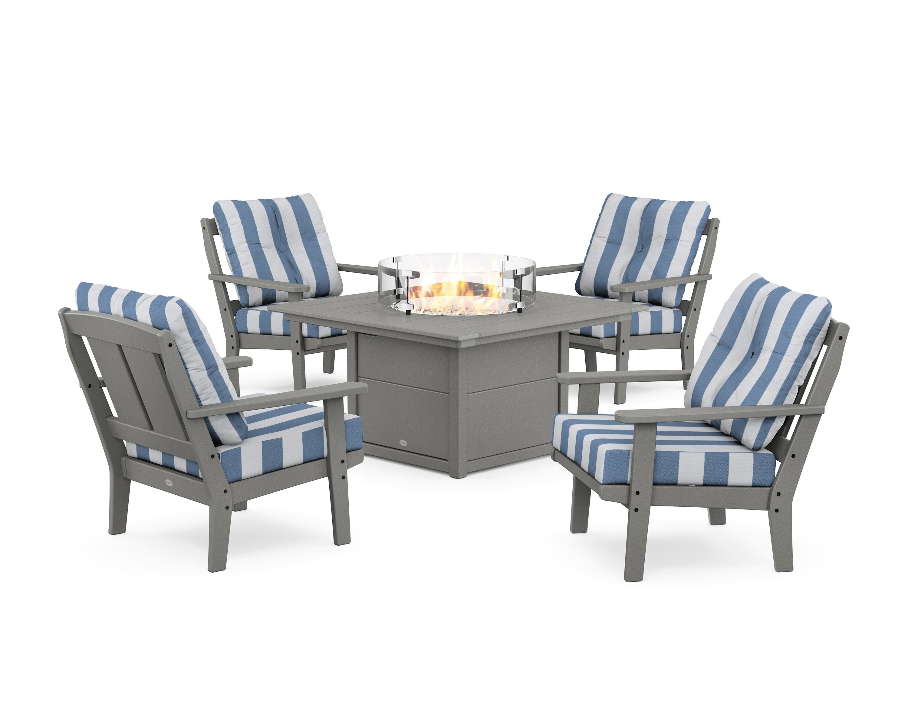 POLYWOOD® Mission 5-Piece Deep Seating Set with Fire Pit Table in Slate Grey / Cabana Stripe Sky Blue