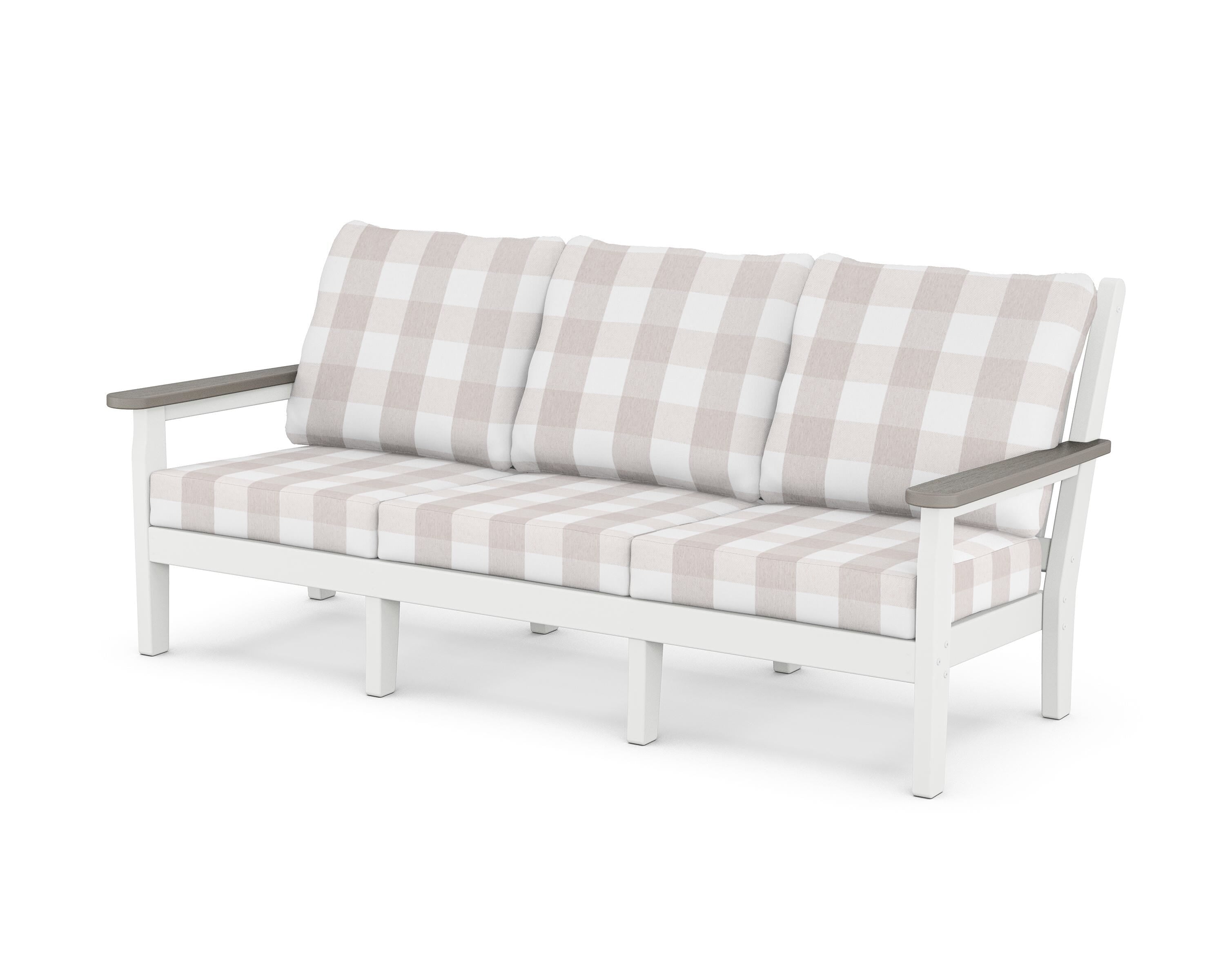 POLYWOOD® Chippendale Deep Seating Sofa in White / Driftwood / Buffalo Plaid Dune Burlap